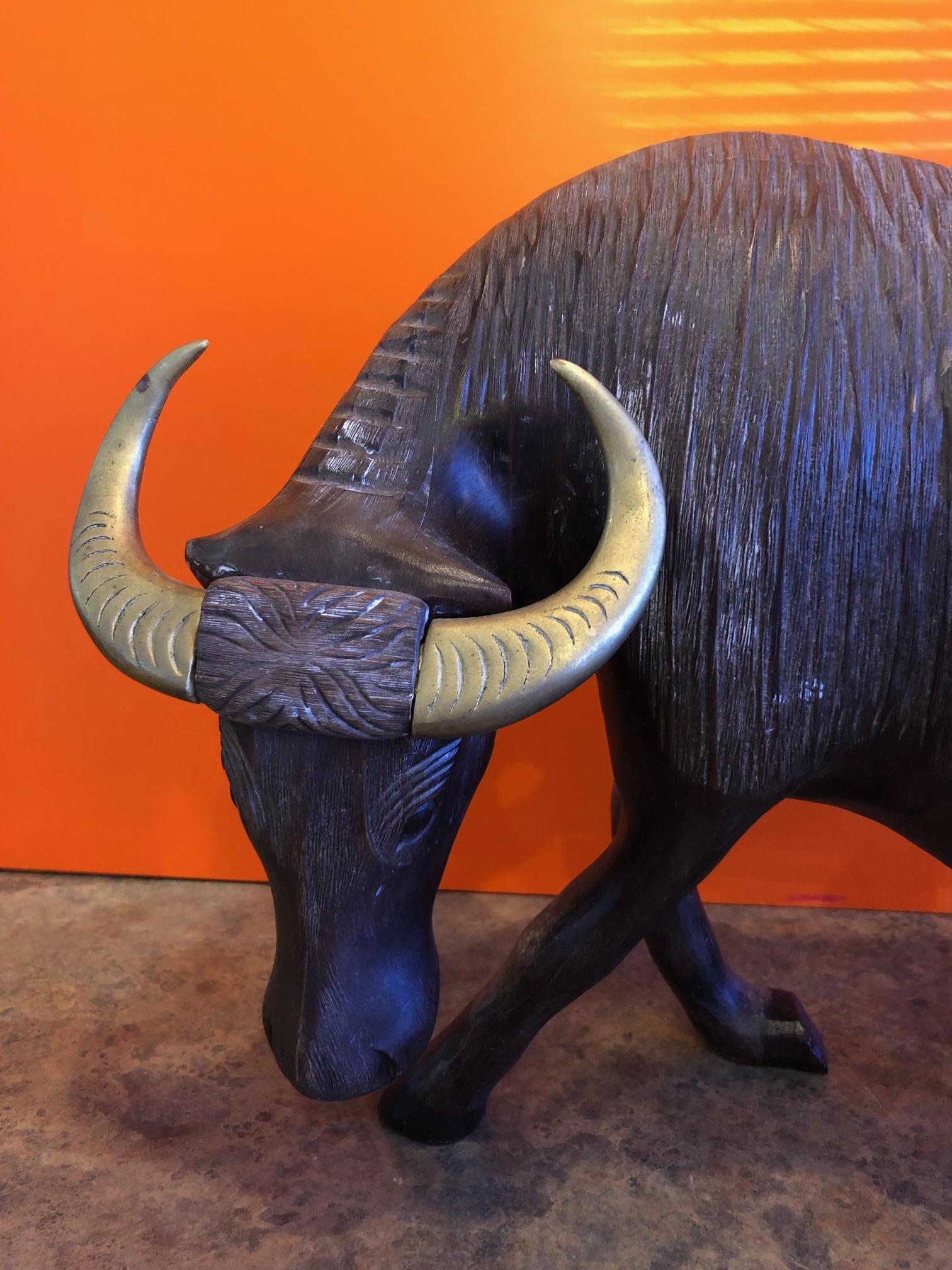 Hand-Carved Large Midcentury Carved Wood and Brass Bull Sculpture