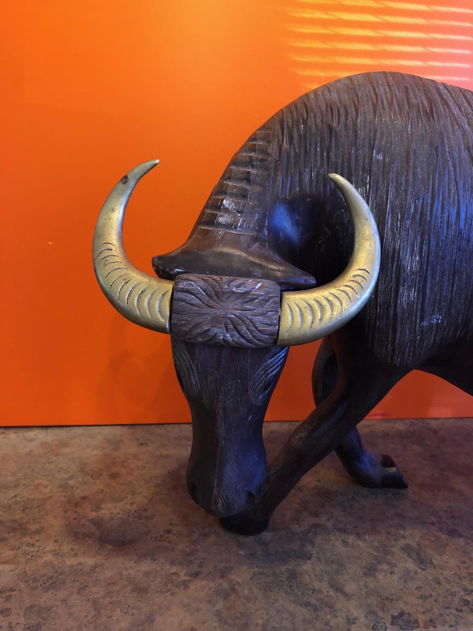 Large Midcentury Carved Wood and Brass Bull Sculpture In Good Condition In San Diego, CA