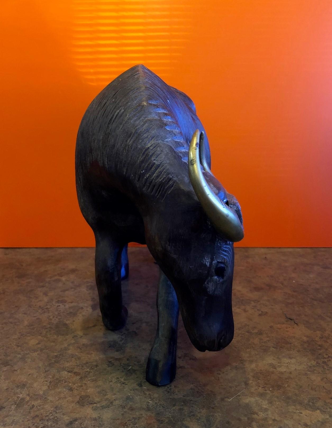 20th Century Large Midcentury Carved Wood and Brass Bull Sculpture