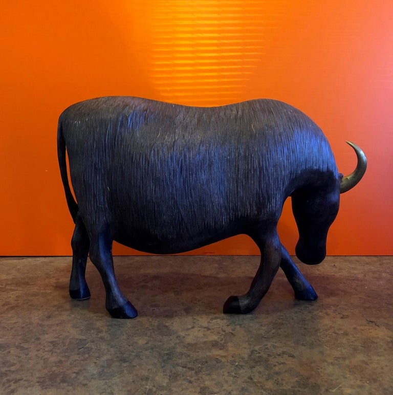 Large Midcentury Carved Wood and Brass Bull Sculpture at 1stDibs