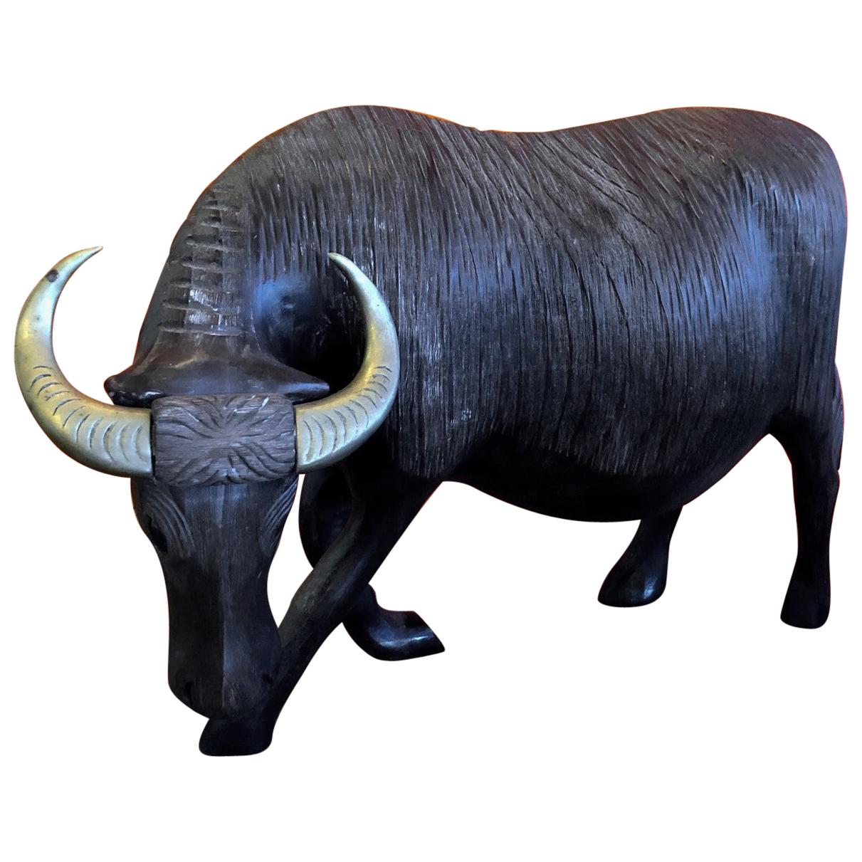 Large Midcentury Carved Wood and Brass Bull Sculpture