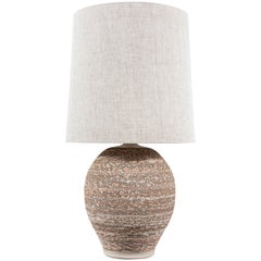 Large Midcentury Ceramic Mottled Dusty Pink Glazed Table Lamp with Lampshade