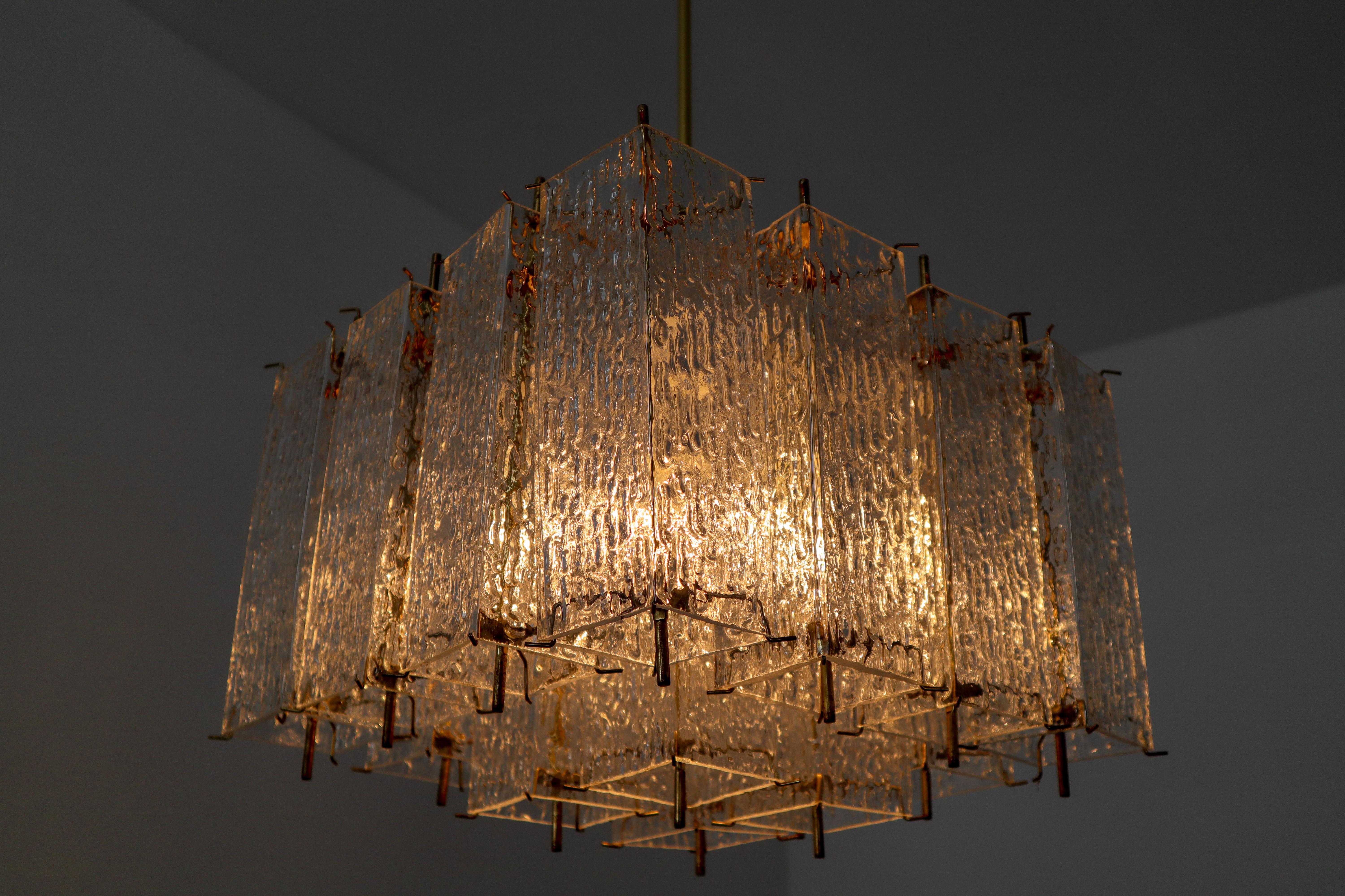 Large Midcentury Chandelier in Structured Glass and Brass from Europe For Sale 7