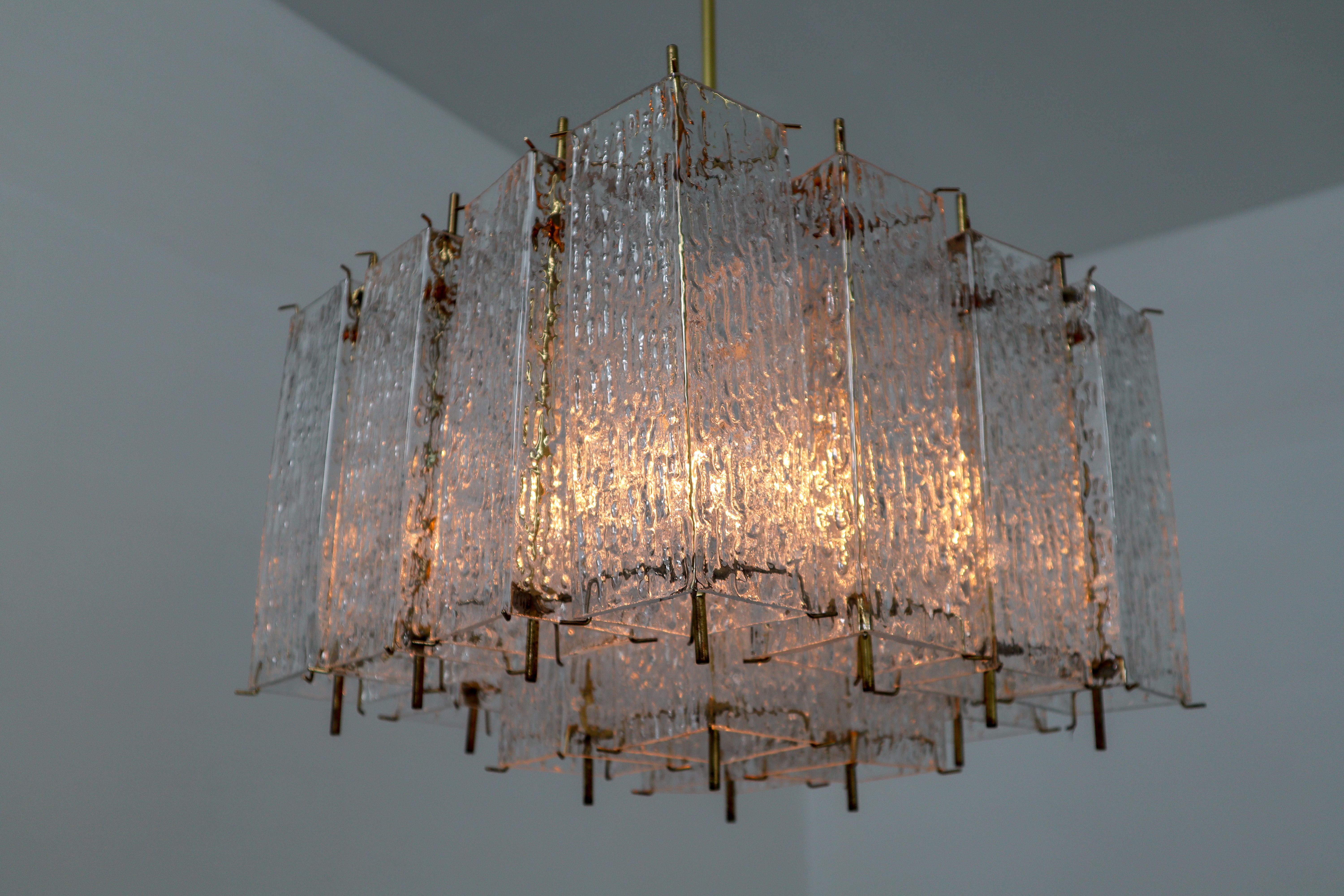 European Large Midcentury Chandelier in Structured Glass and Brass from Europe For Sale