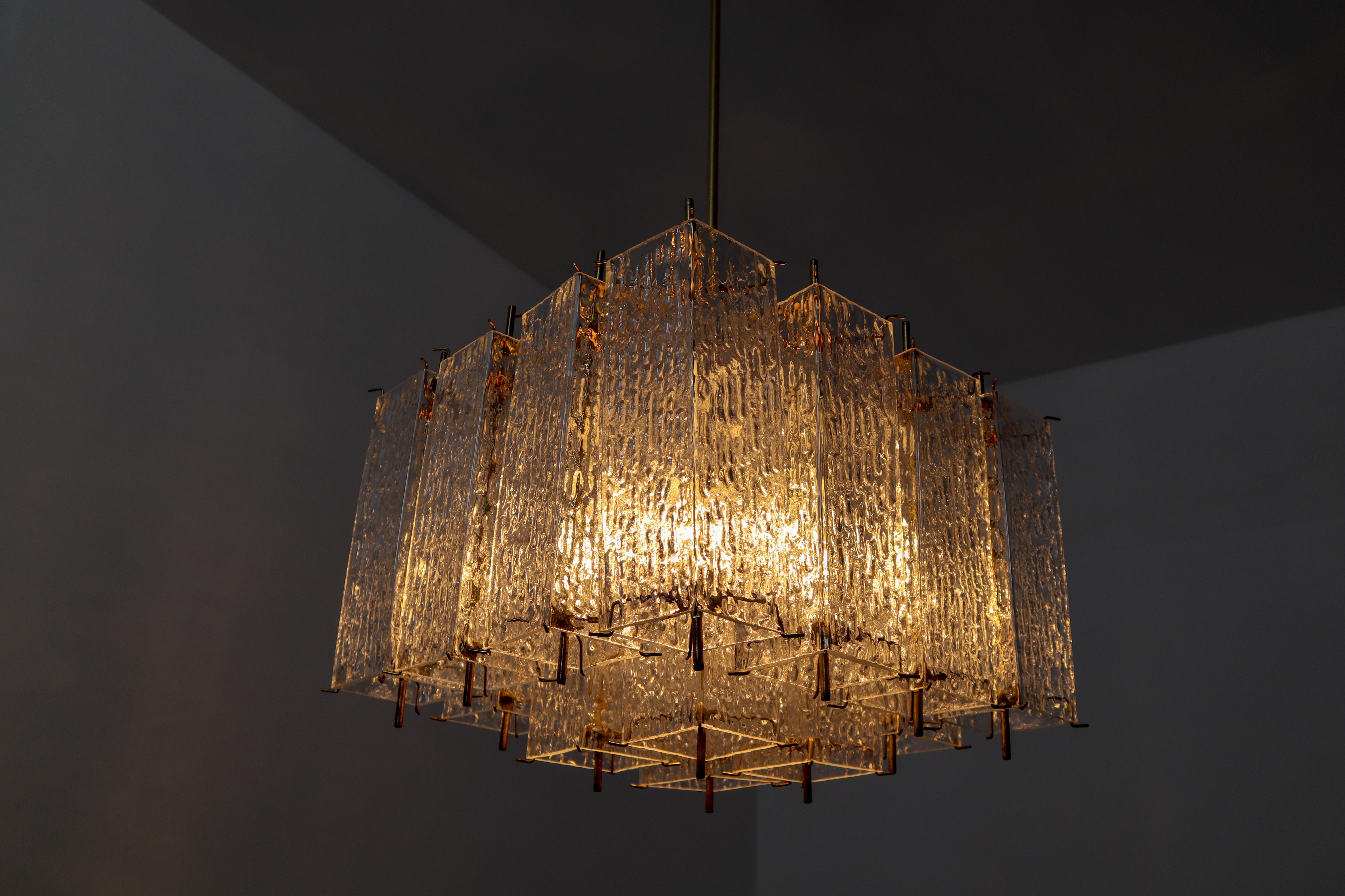 Large Midcentury Chandelier in Structured Glass and Brass from Europe For Sale 3