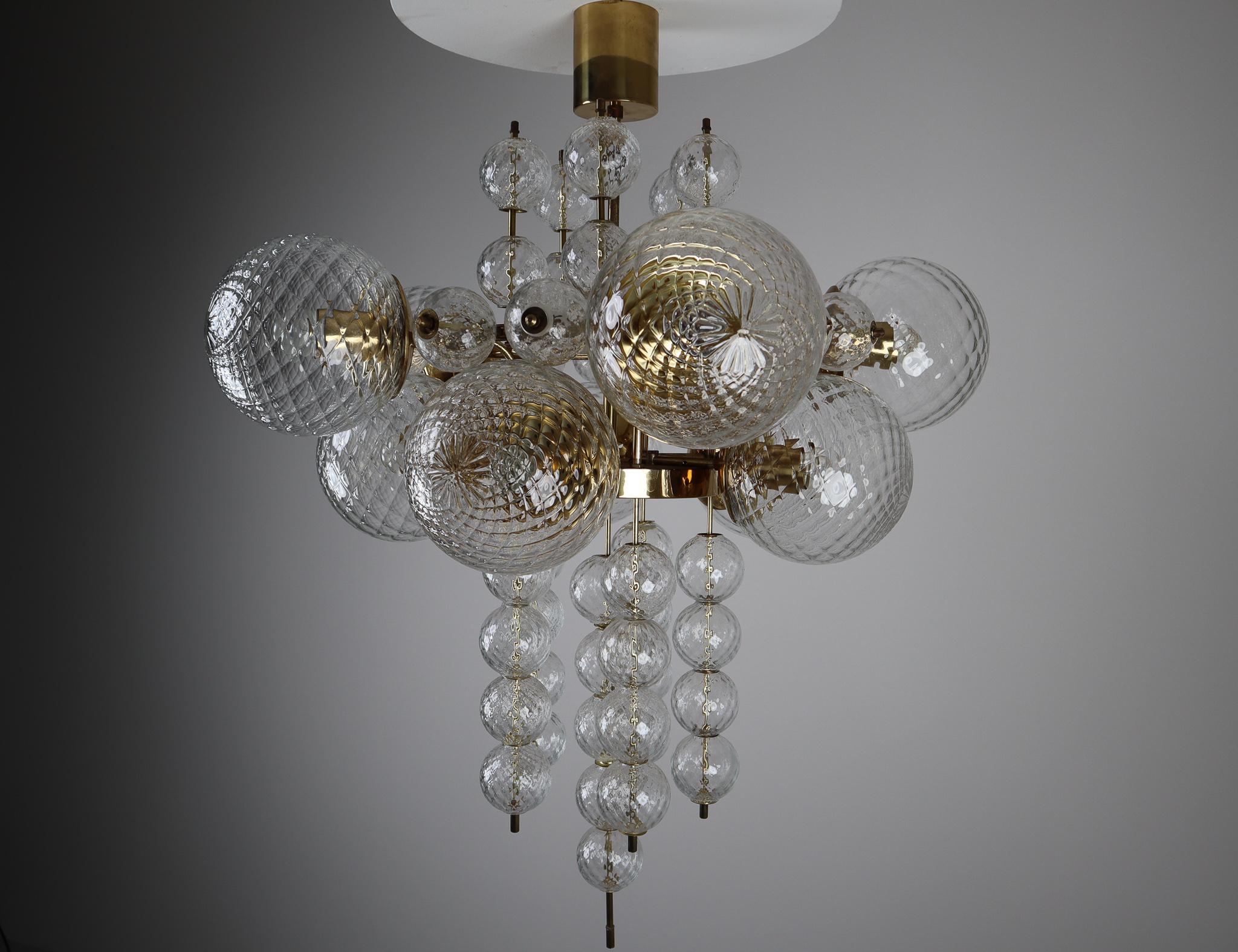 Large Midcentury Chandelier with Brass Fixture and Structured Glass Europe 1970s 5