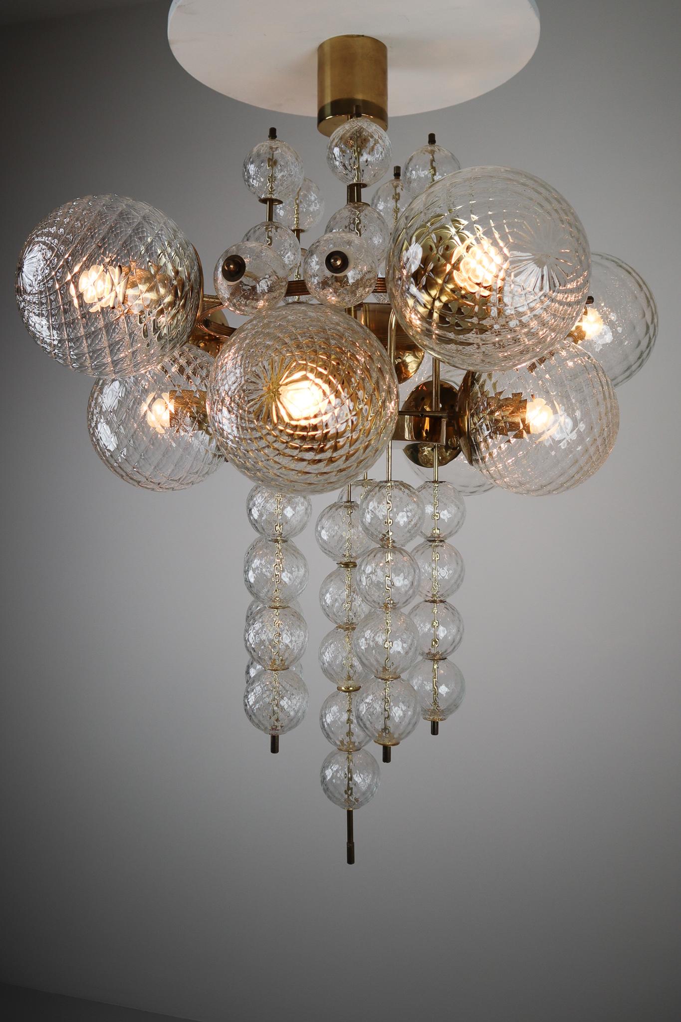 Mid-Century Modern Large Midcentury Chandelier with Brass Fixture and Structured Glass Europe 1970s