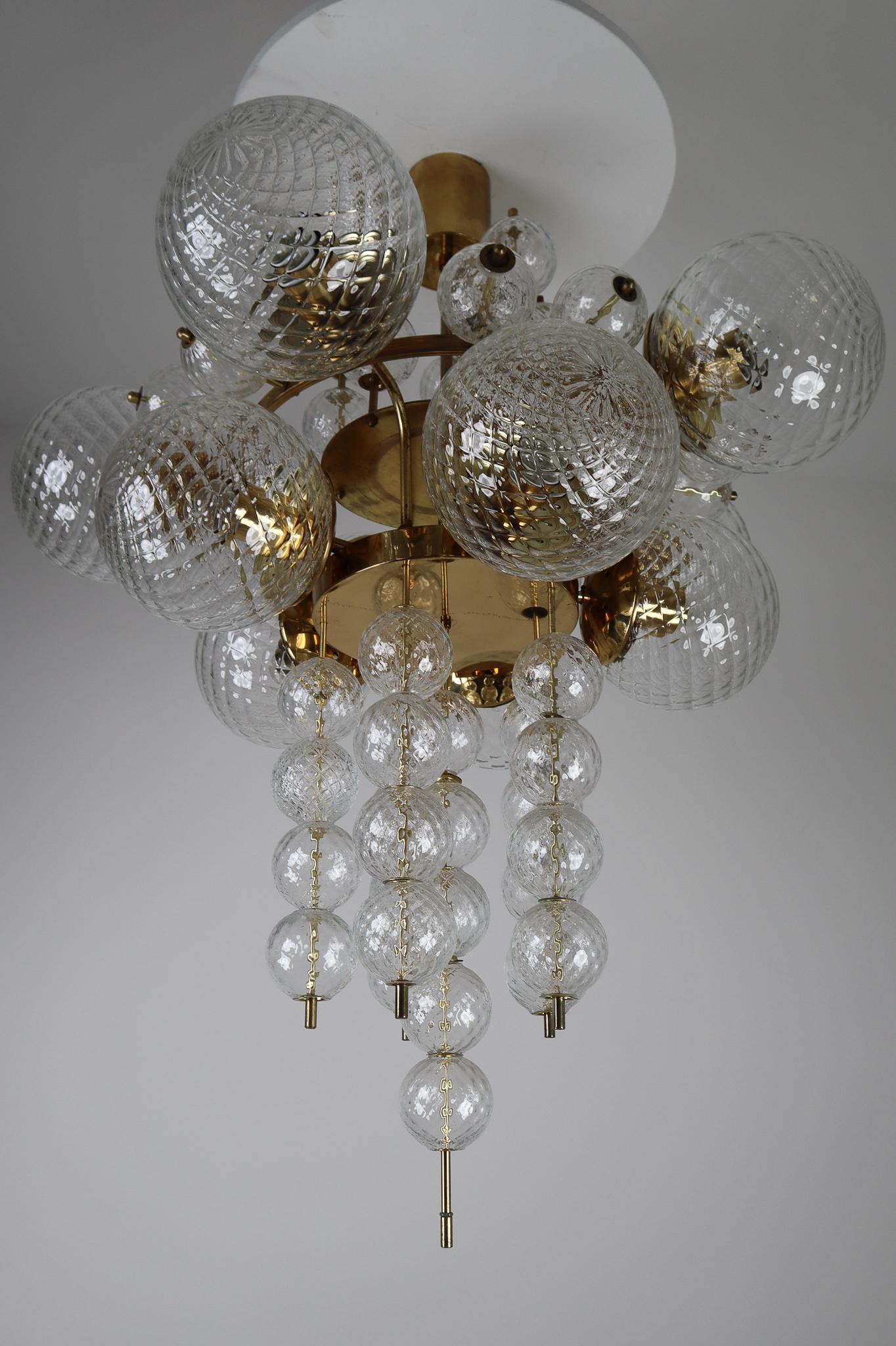 Large Midcentury Chandelier with Brass Fixture and Structured Glass Europe 1970s In Good Condition In Almelo, NL