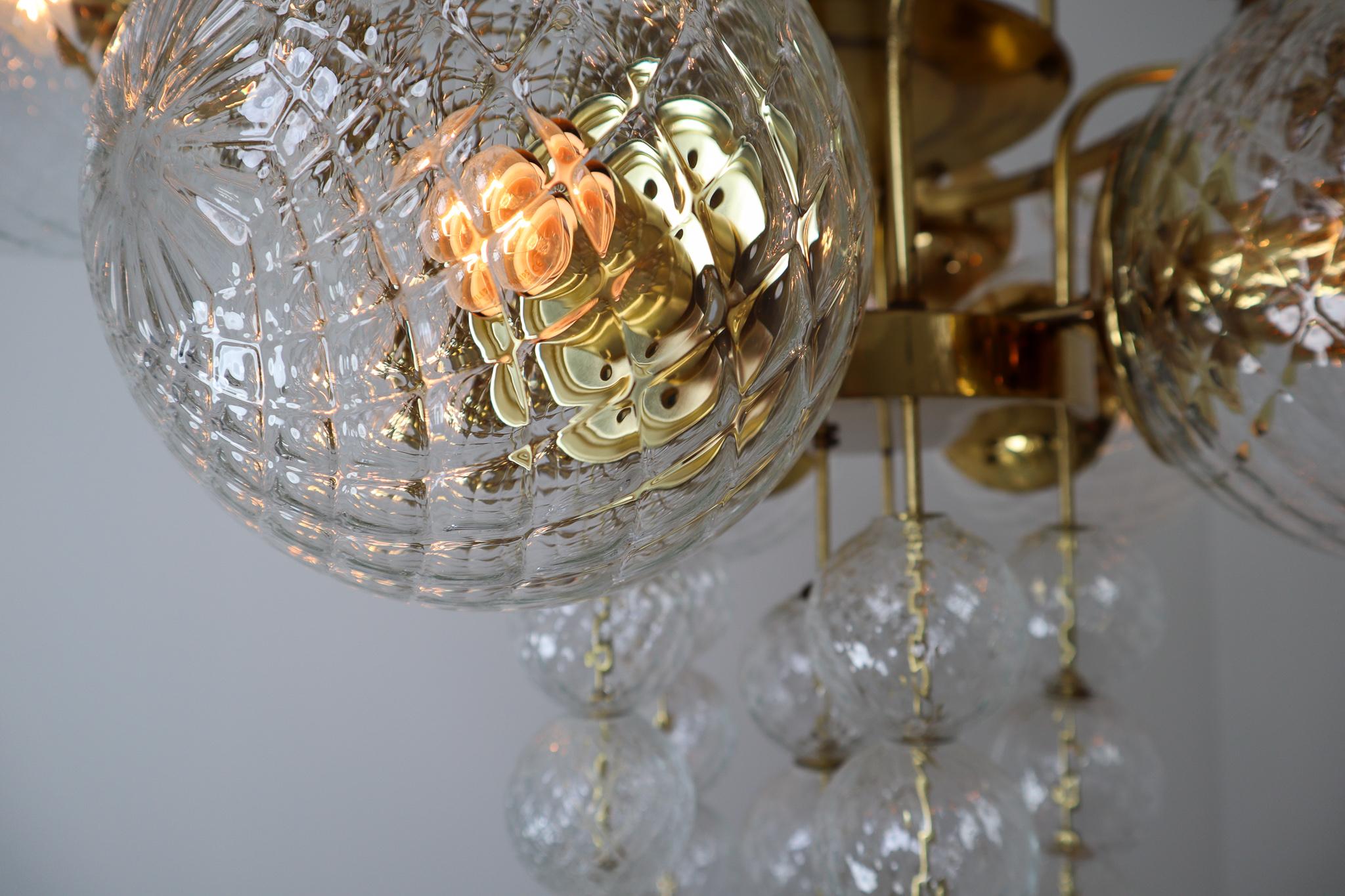 Large Midcentury Chandelier with Brass Fixture and Structured Glass Europe 1970s 1