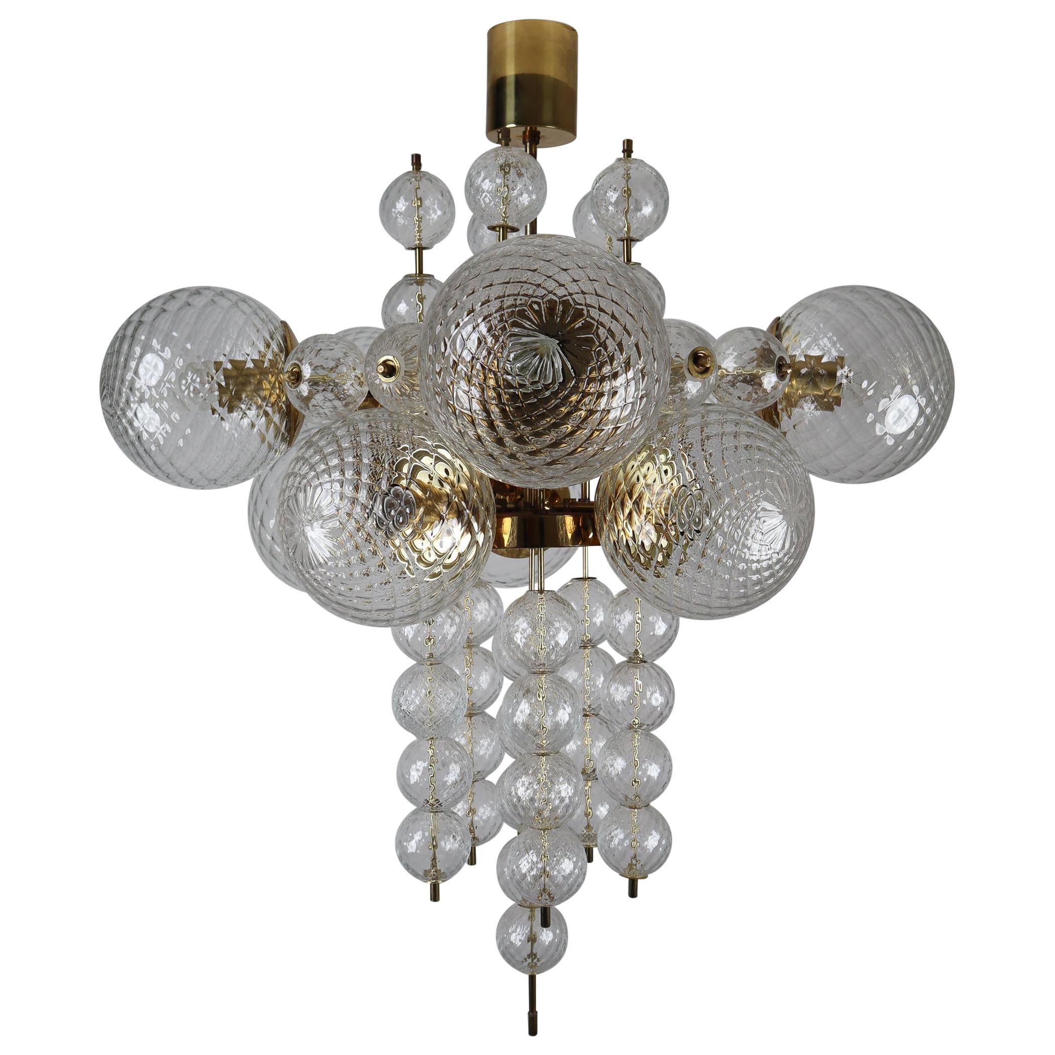 Large Midcentury Chandelier with Brass Fixture and Structured Glass Europe 1970s