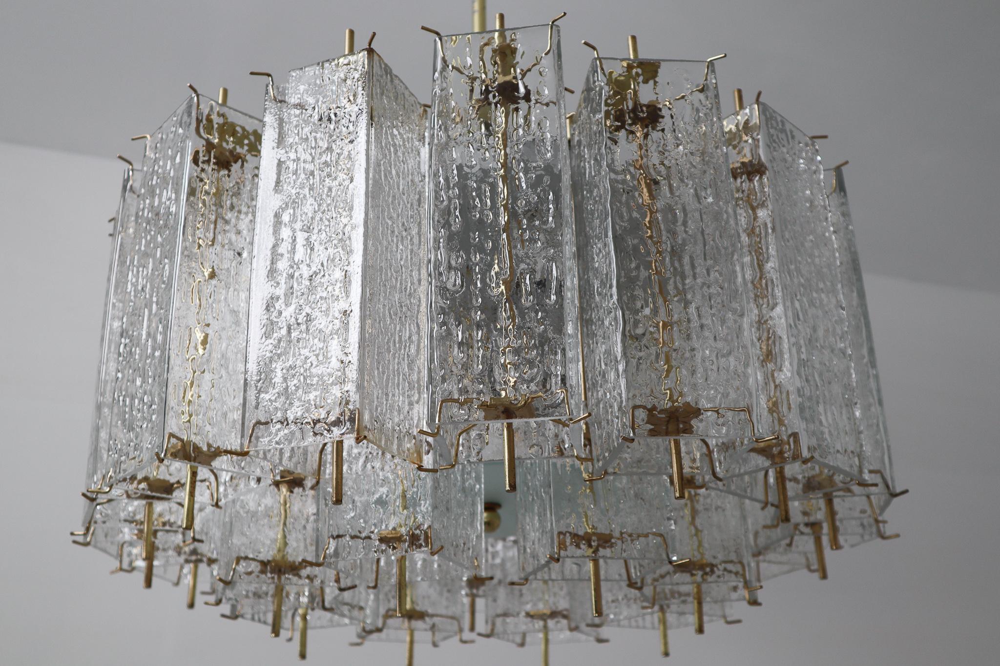 Large Midcentury Chandelier with Ice Glass Tubes in Brass Fixture Europe, 1960s For Sale 4