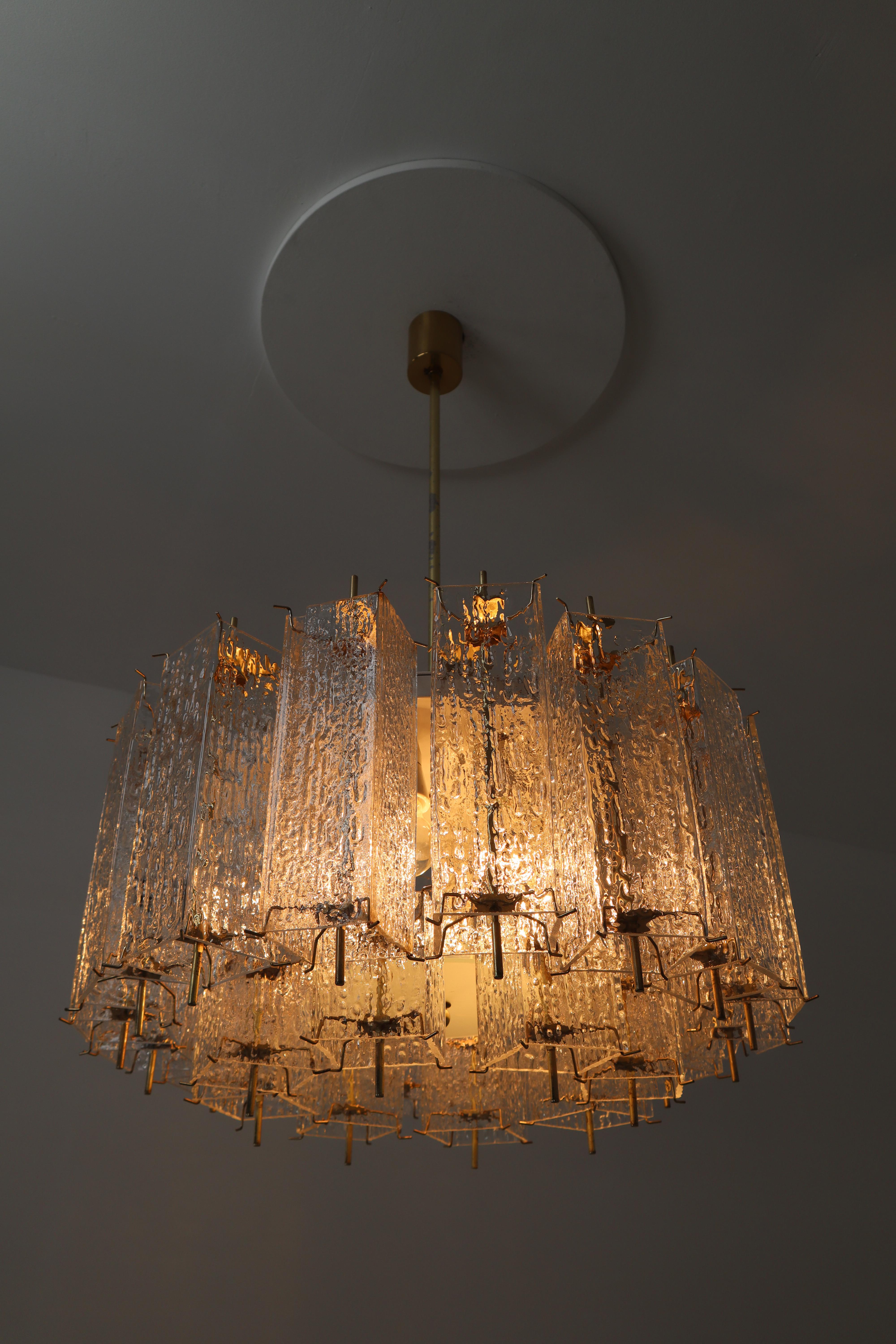 Large Midcentury Chandelier with Ice Glass Tubes in Brass Fixture Europe, 1960s For Sale 5
