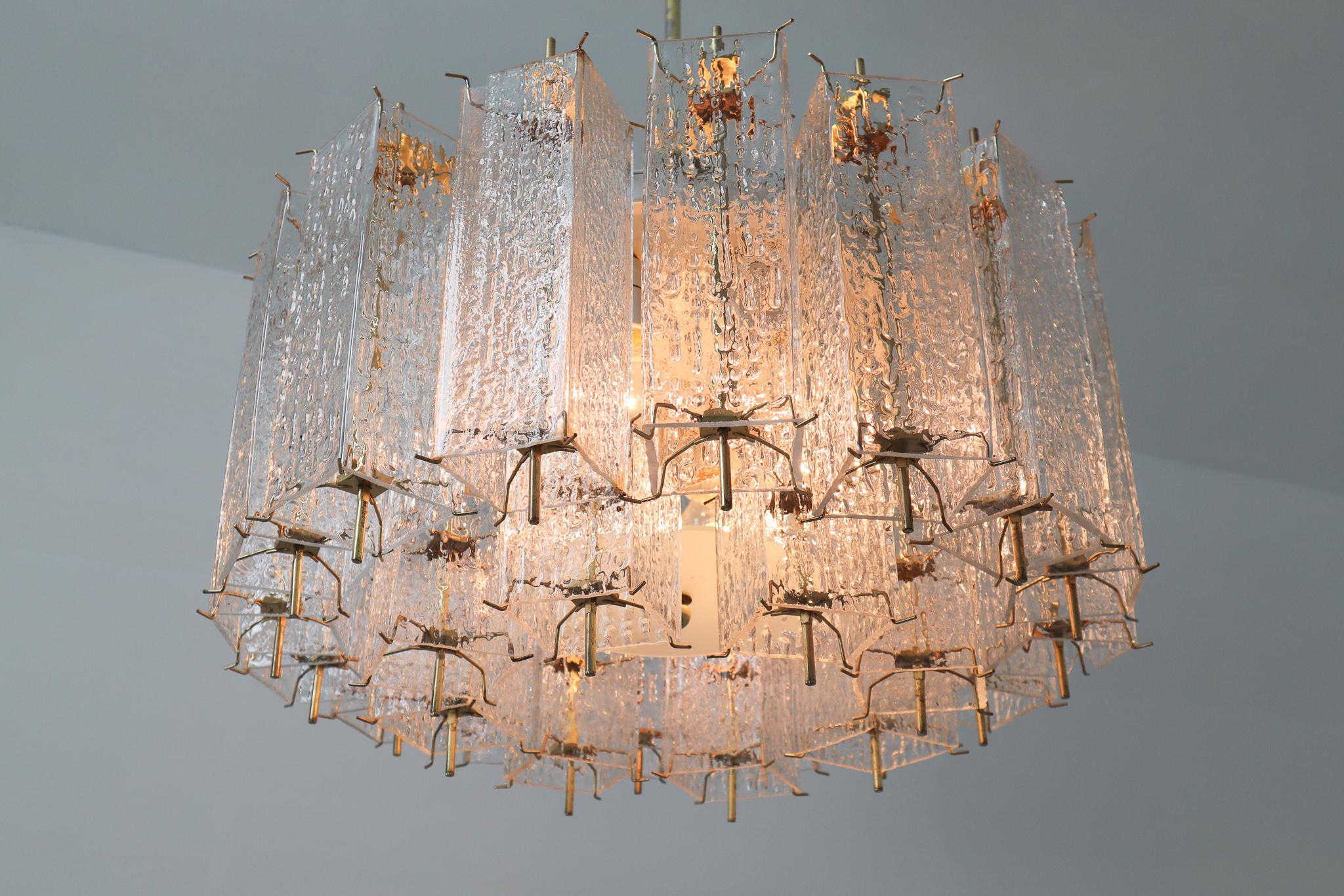 Large Midcentury Chandelier with Ice Glass Tubes in Brass Fixture Europe, 1960s For Sale 6