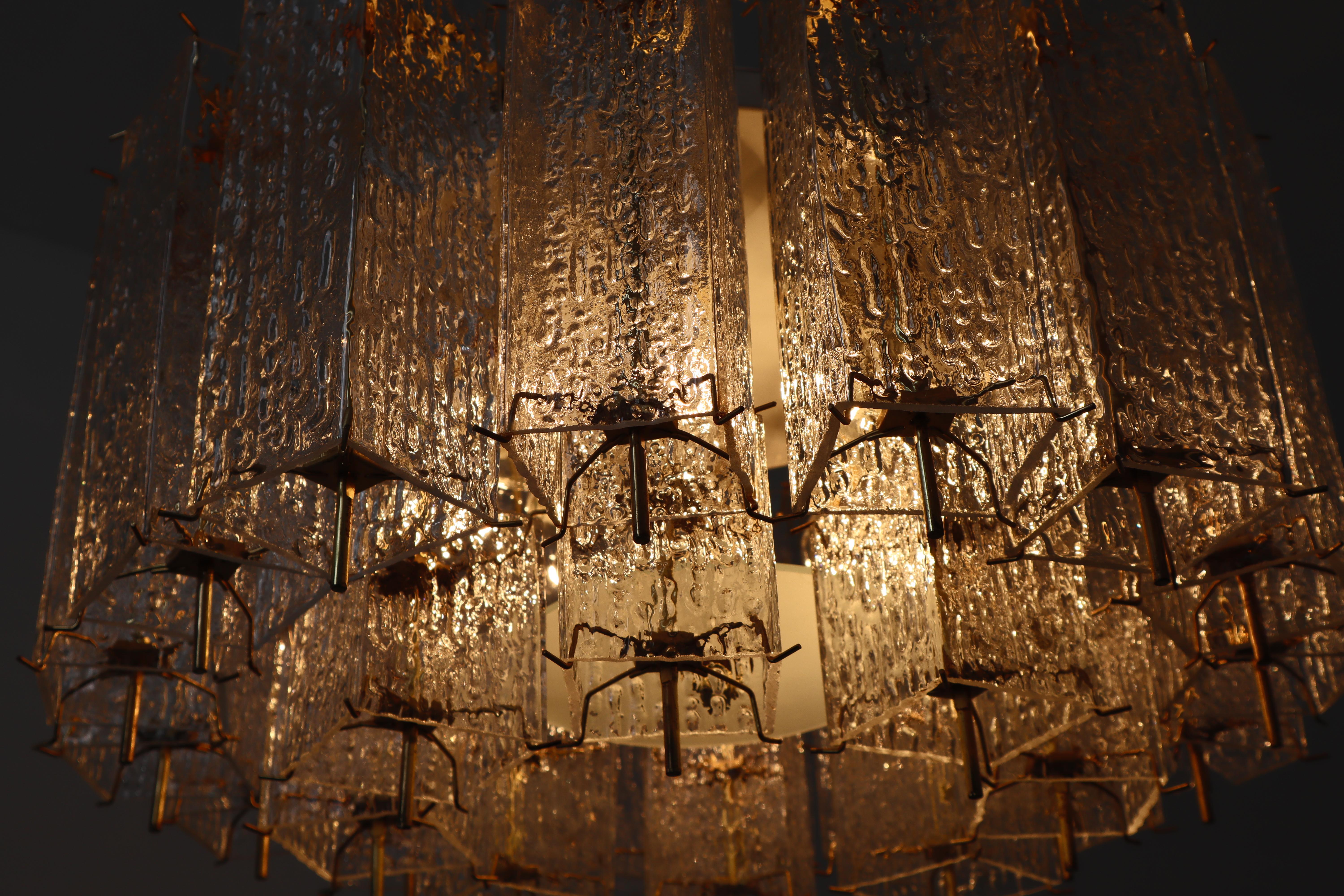 European Large Midcentury Chandelier with Ice Glass Tubes in Brass Fixture Europe, 1960s For Sale