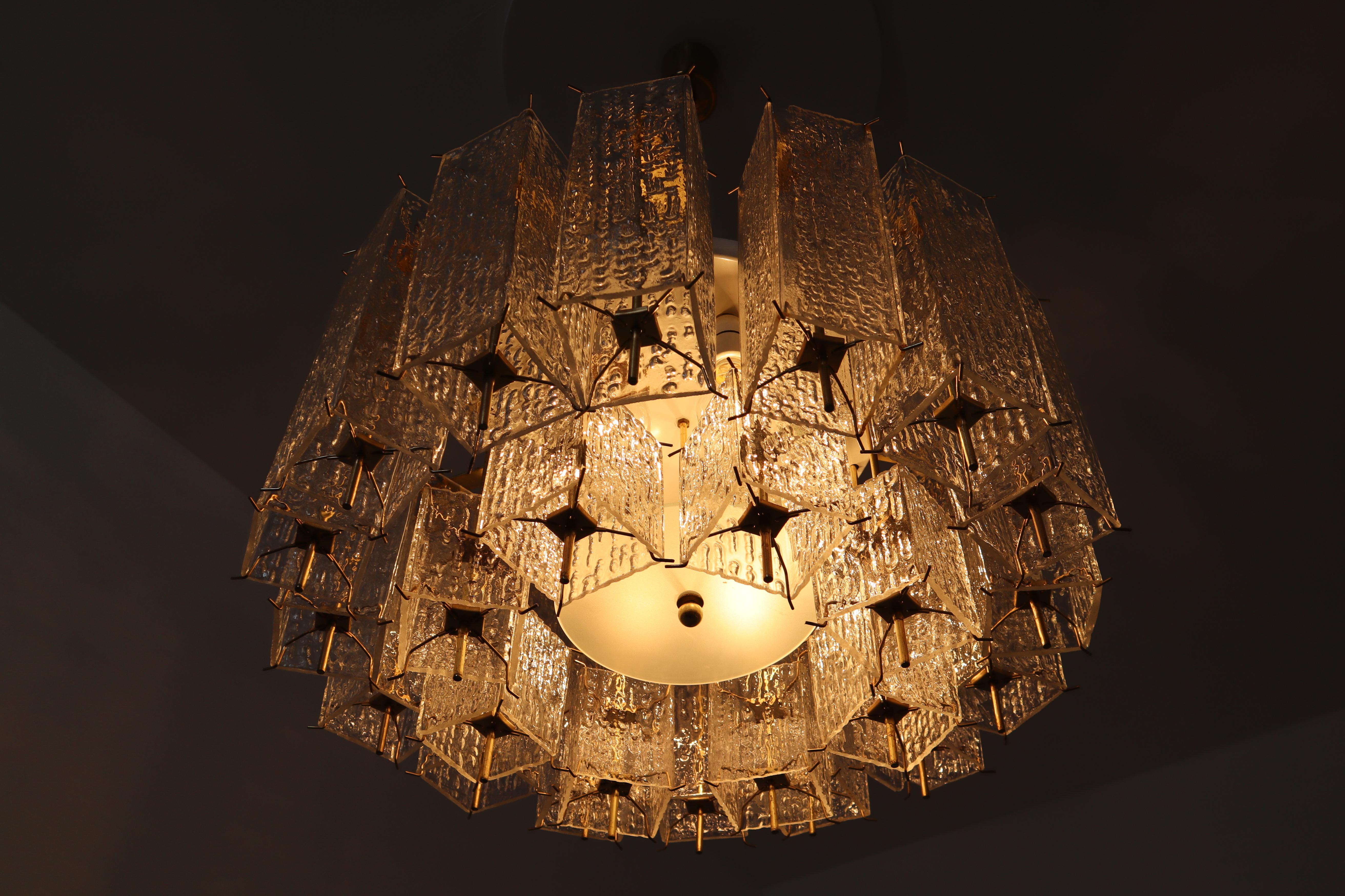 Large Midcentury Chandelier with Ice Glass Tubes in Brass Fixture Europe, 1960s For Sale 1