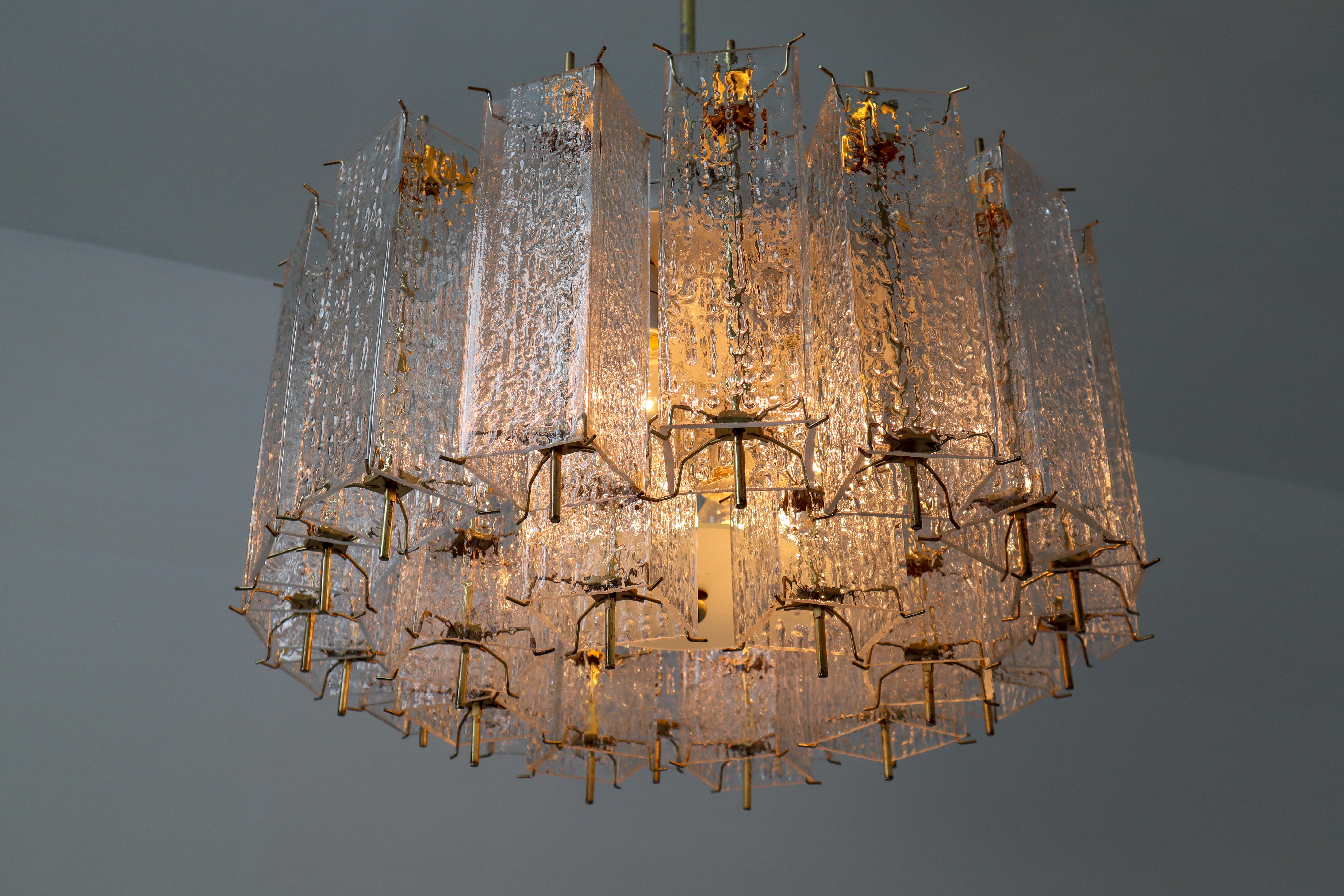 Large Midcentury Chandelier with Ice Glass Tubes in Brass Fixture Europe, 1960s For Sale 3