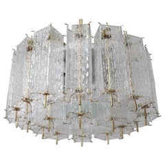 Large Midcentury Chandelier with Ice Glass Tubes in Brass Fixture Europe, 1960s