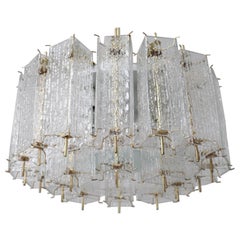 Vintage Large Midcentury Chandelier with Ice Glass Tubes in Brass Fixture Europe, 1960s