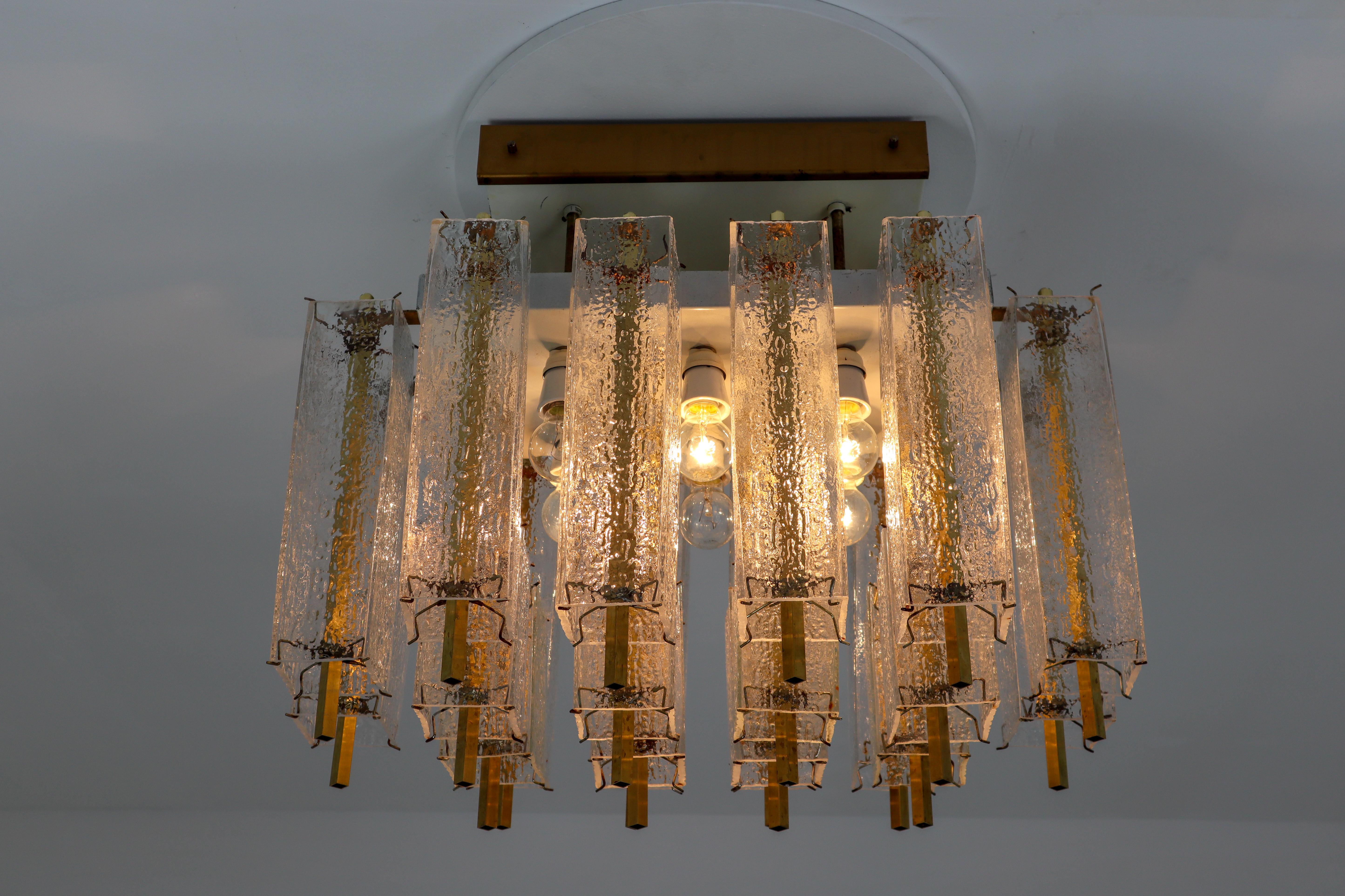 1 of 9 Large Midcentury Chandelier with Structured Glass and Brass Frame, 1960s For Sale 8