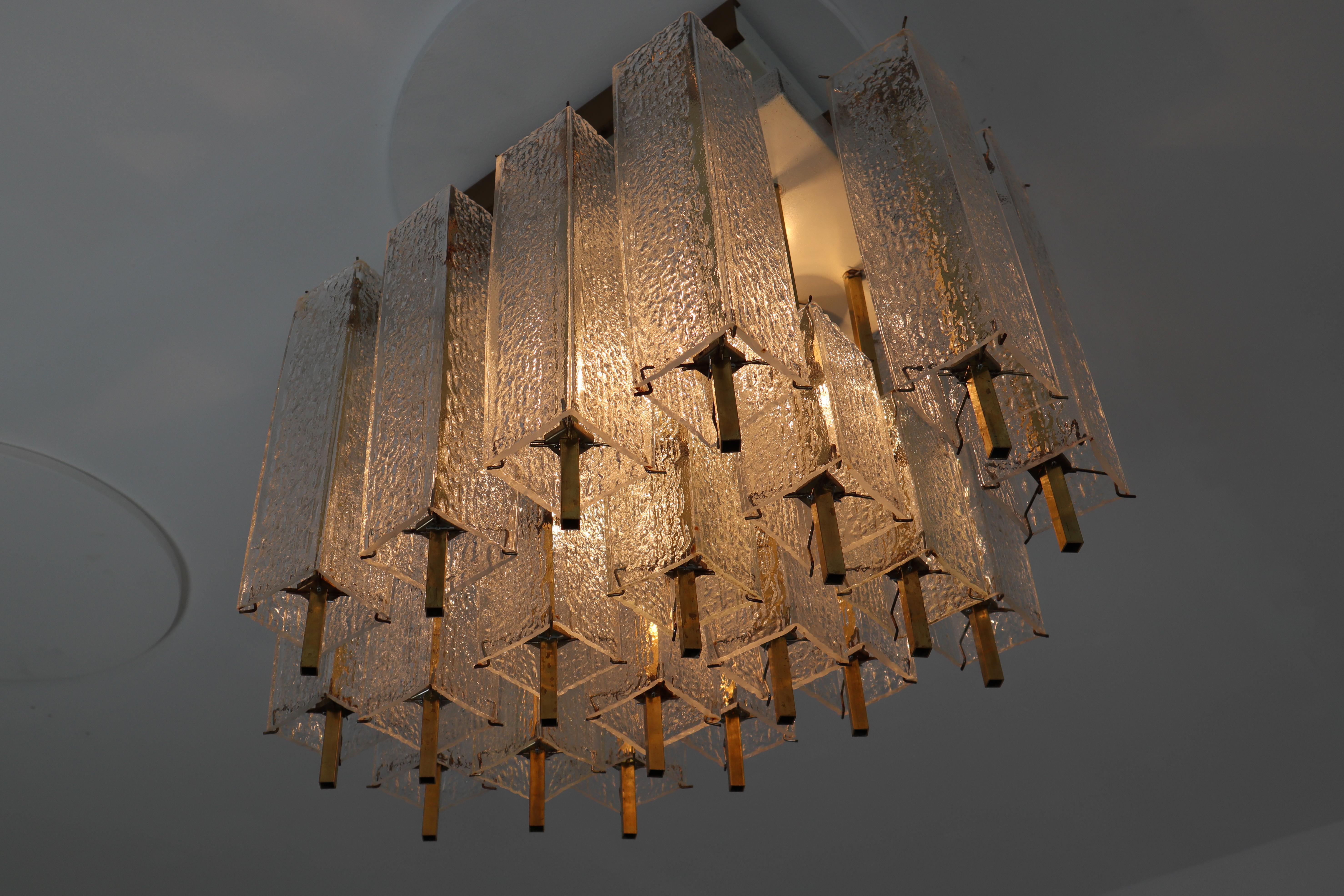 20th Century 1 of 9 Large Midcentury Chandelier with Structured Glass and Brass Frame, 1960s For Sale