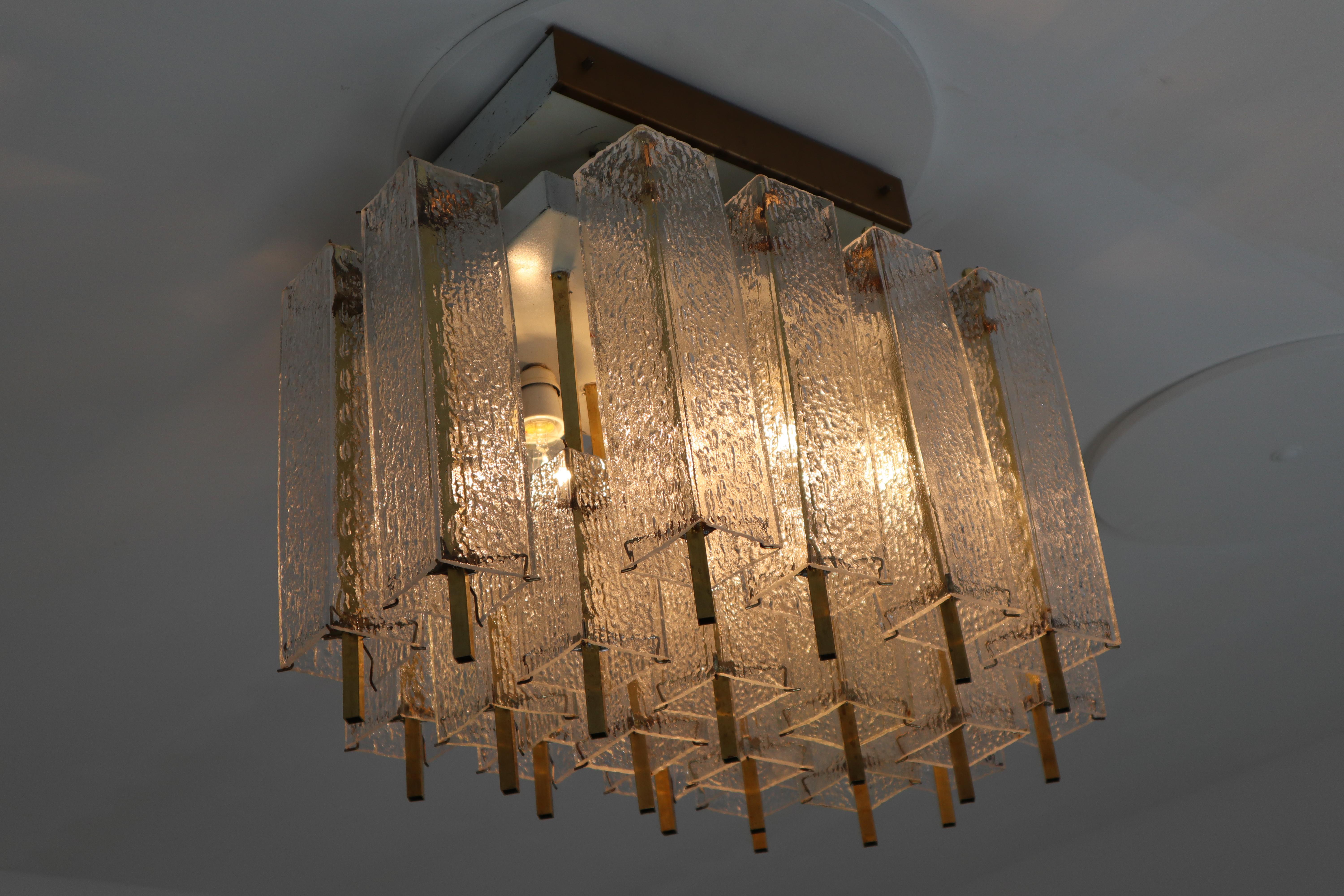 1 of 9 Large Midcentury Chandelier with Structured Glass and Brass Frame, 1960s For Sale 1