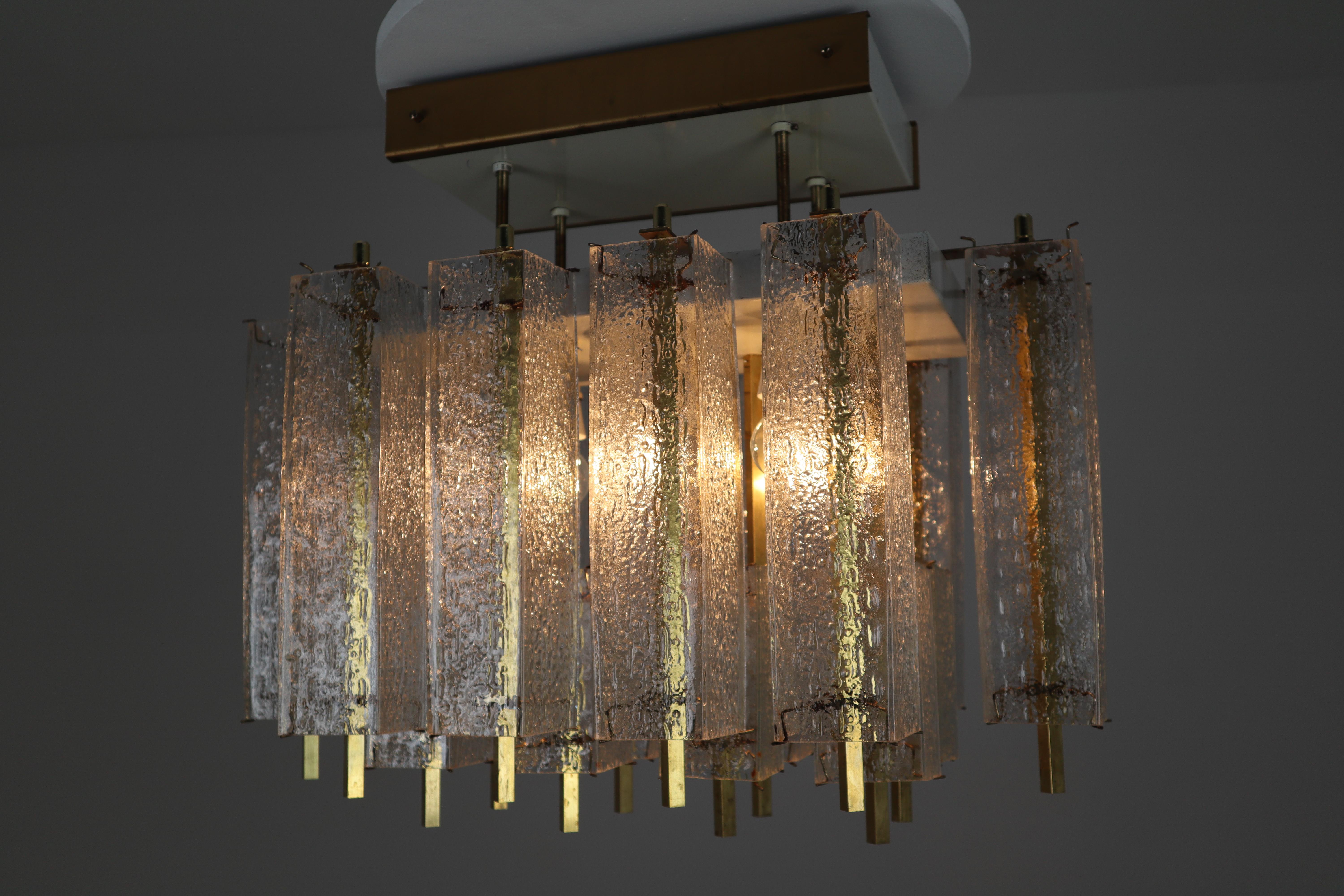 1 of 9 Large Midcentury Chandelier with Structured Glass and Brass Frame, 1960s For Sale 3