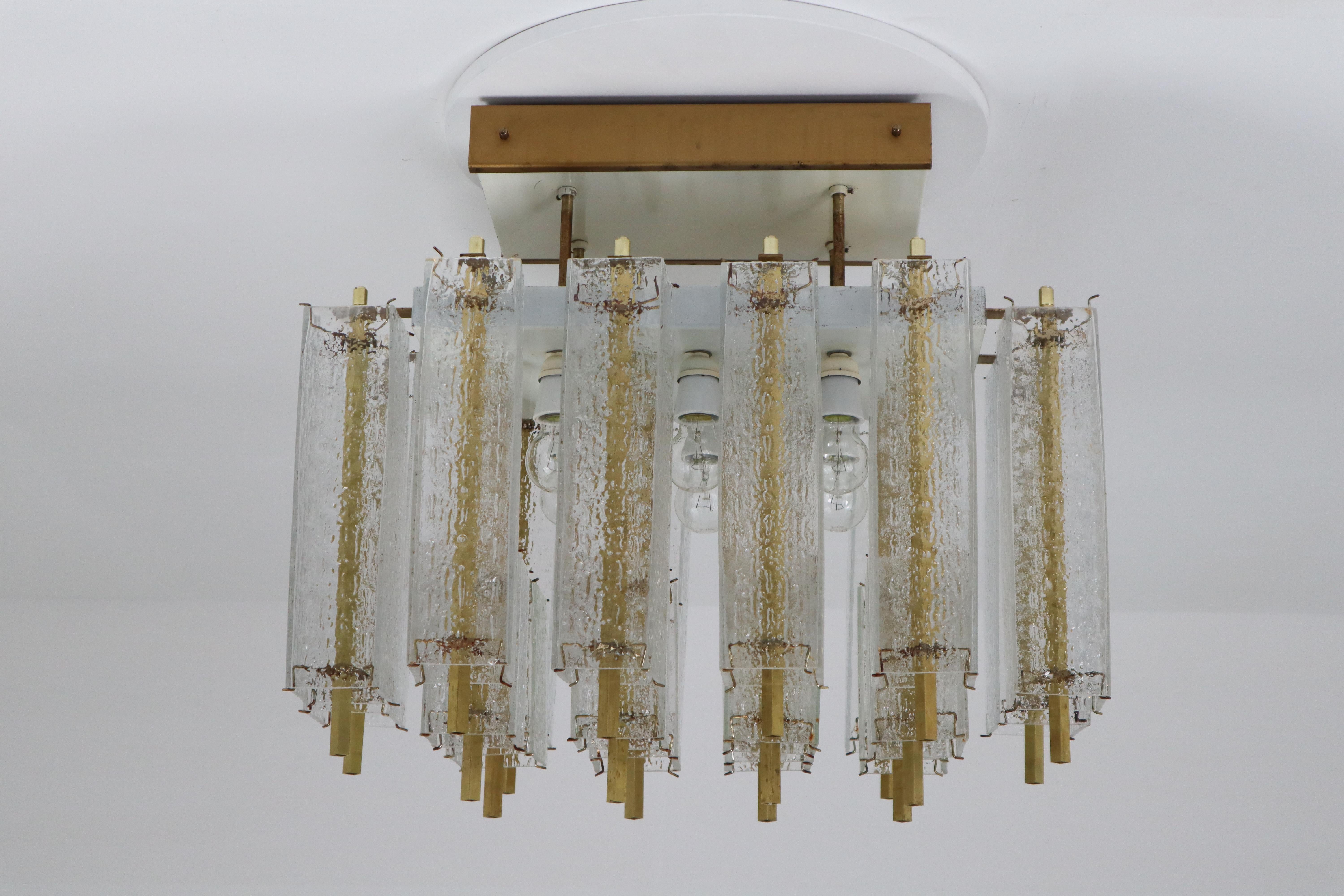 1 of 9 Large Midcentury Chandelier with Structured Glass and Brass Frame, 1960s For Sale 5