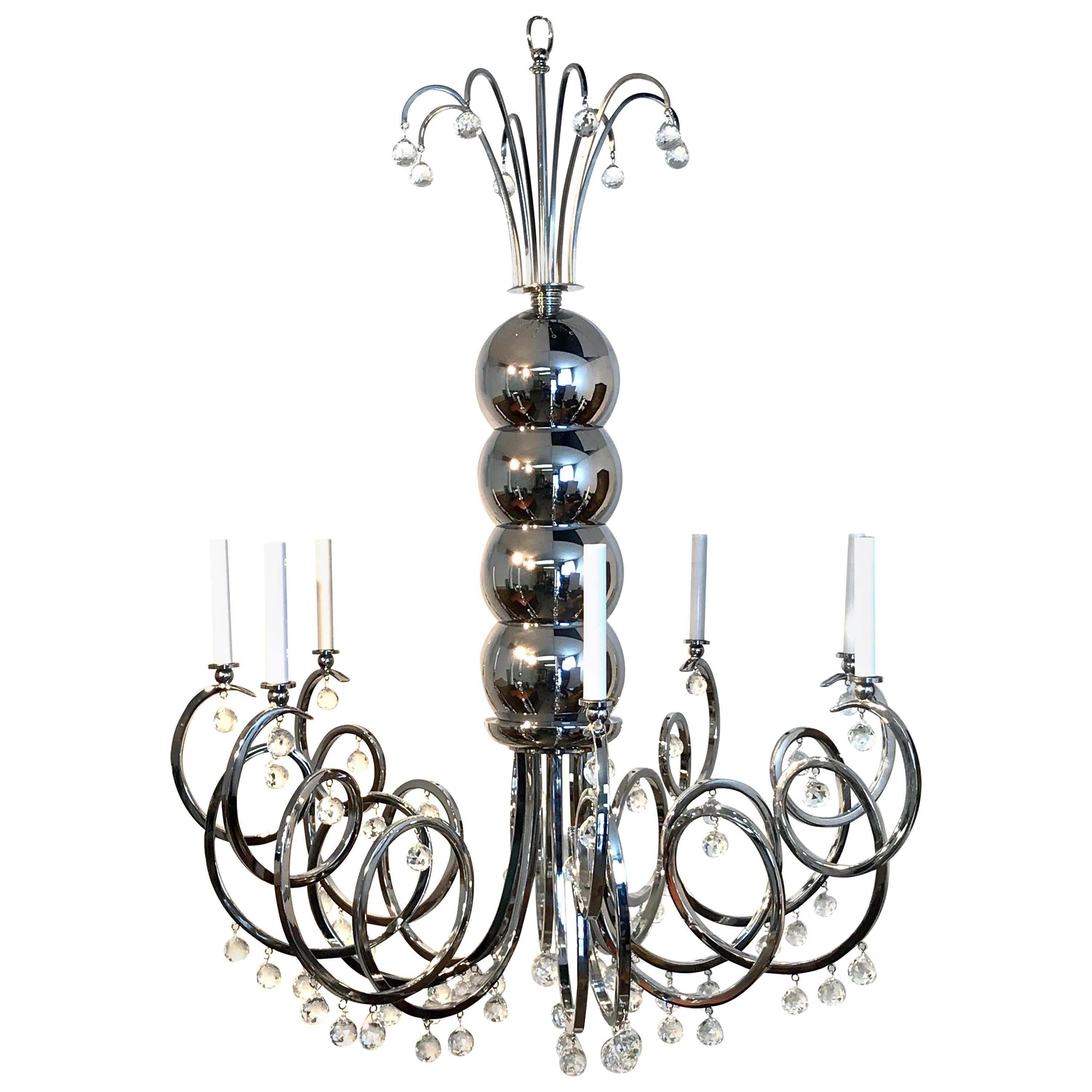 Grand lustre à huit lumières en chrome et cristal du milieu du siècle dernier