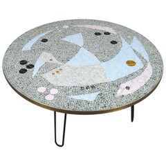 Large Midcentury Circular Mosaic Coffee Table with Brass Edge Hairpin Legs