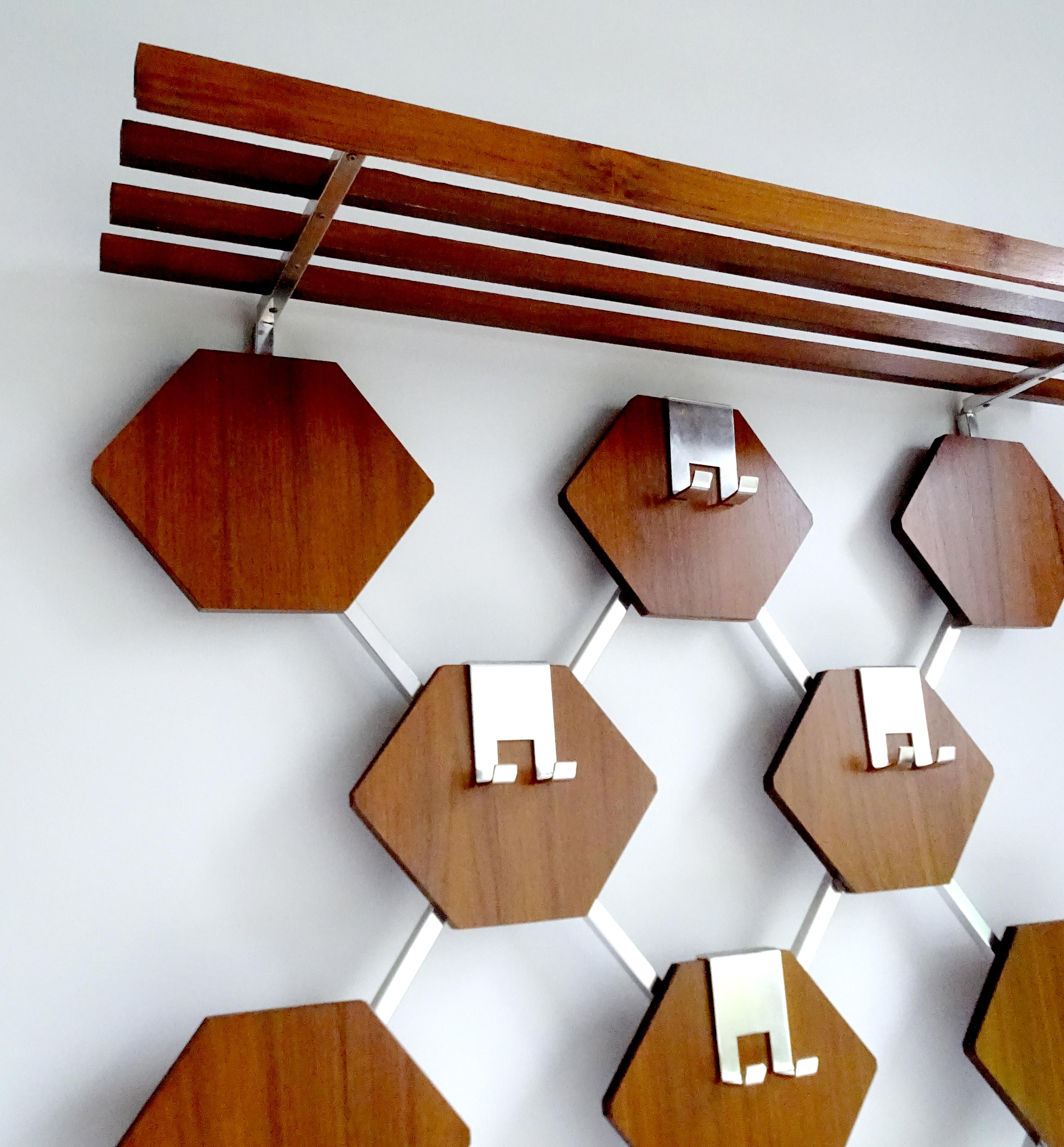 Aluminum Large Midcentury Danish Modern Wall Mounted Teak Coat Rack, 1960s For Sale