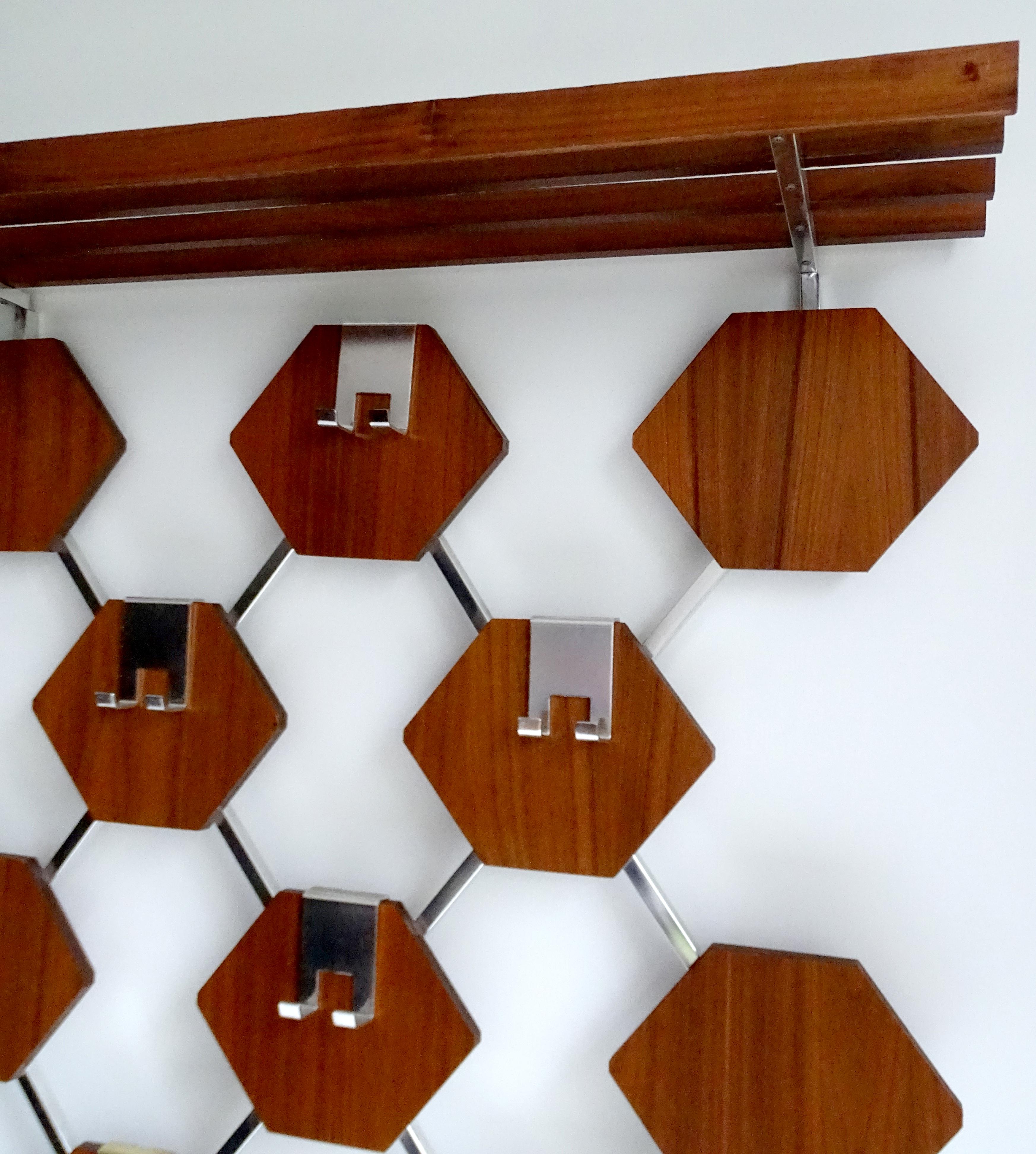 Large Midcentury Danish Modern Wall Mounted Teak Coat Rack, 1960s For Sale 1