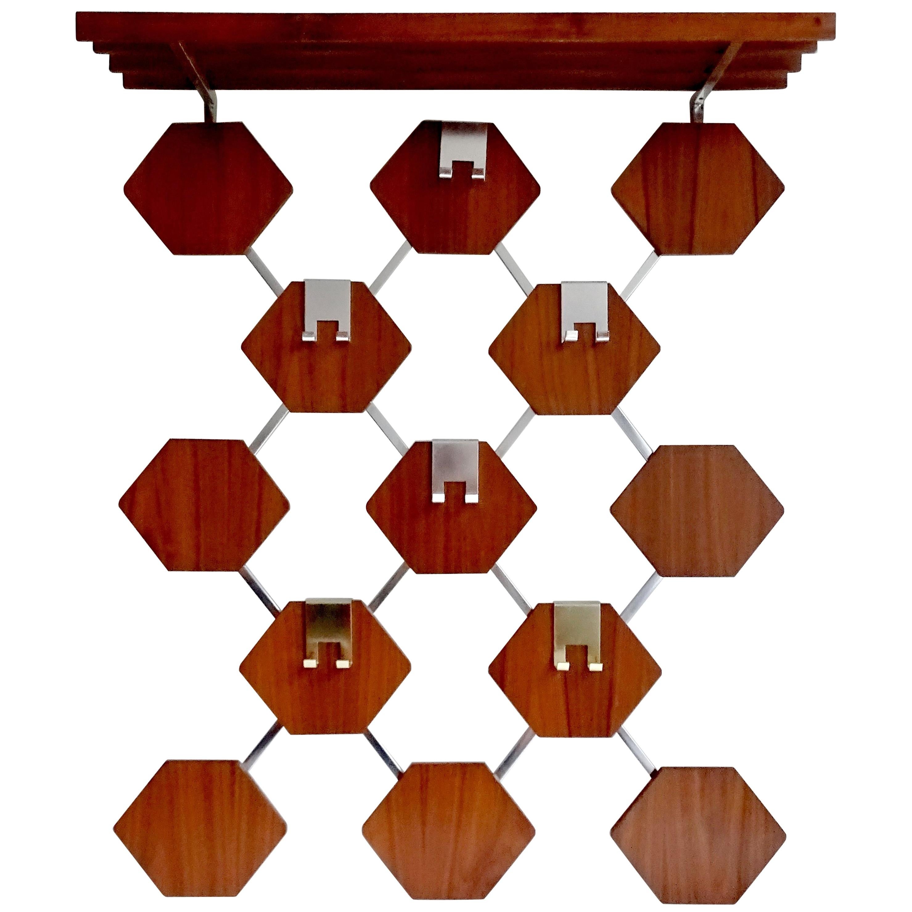 Large Midcentury Danish Modern Wall Mounted Teak Coat Rack, 1960s For Sale