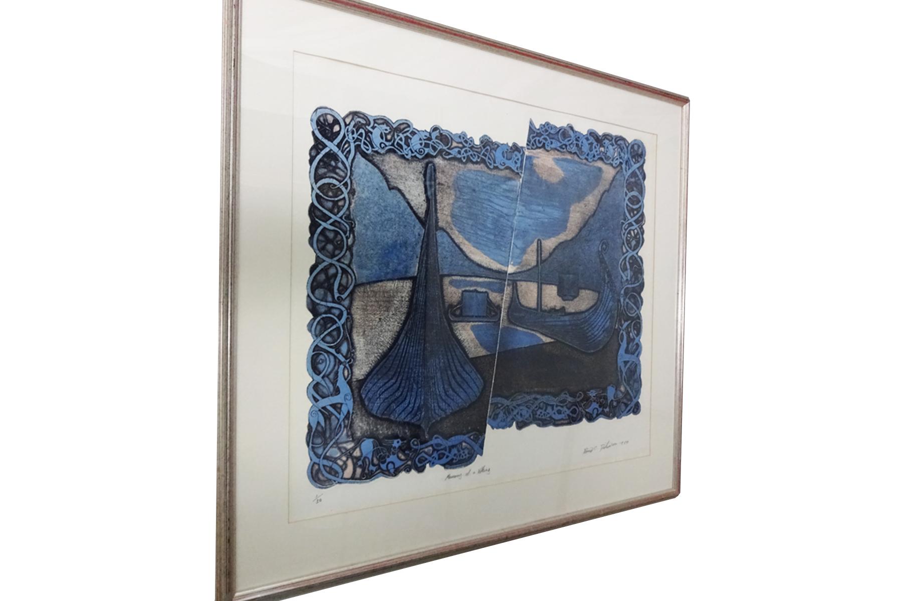 Large midcentury David Dickinson embossed etching.

This is an framed original embossed etching by British born artist David Dickinson (1940-2009) in hues of blue, gold and grey. It is pencil signed by the artist lower right, dated 1967, titled in