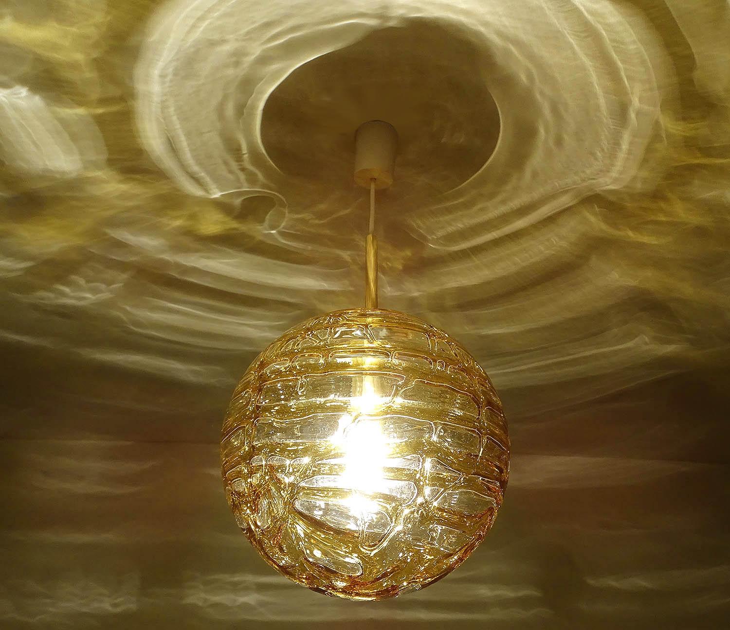 German  Large MidCentury Doria Murano Glass Globe Brass Pendant Chandelier 