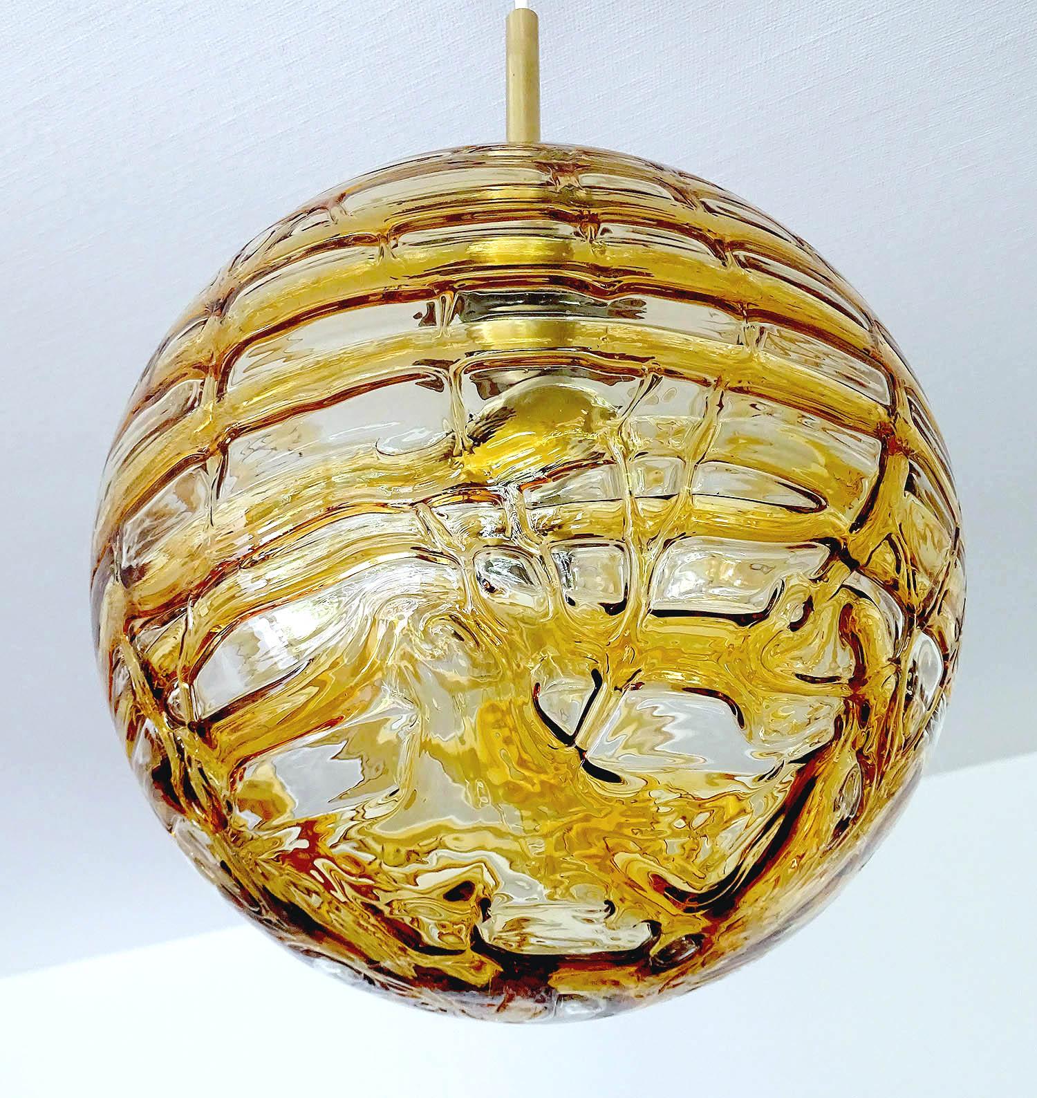  Large MidCentury Doria Murano Glass Globe Brass Pendant Chandelier  In Excellent Condition In Bremen, DE