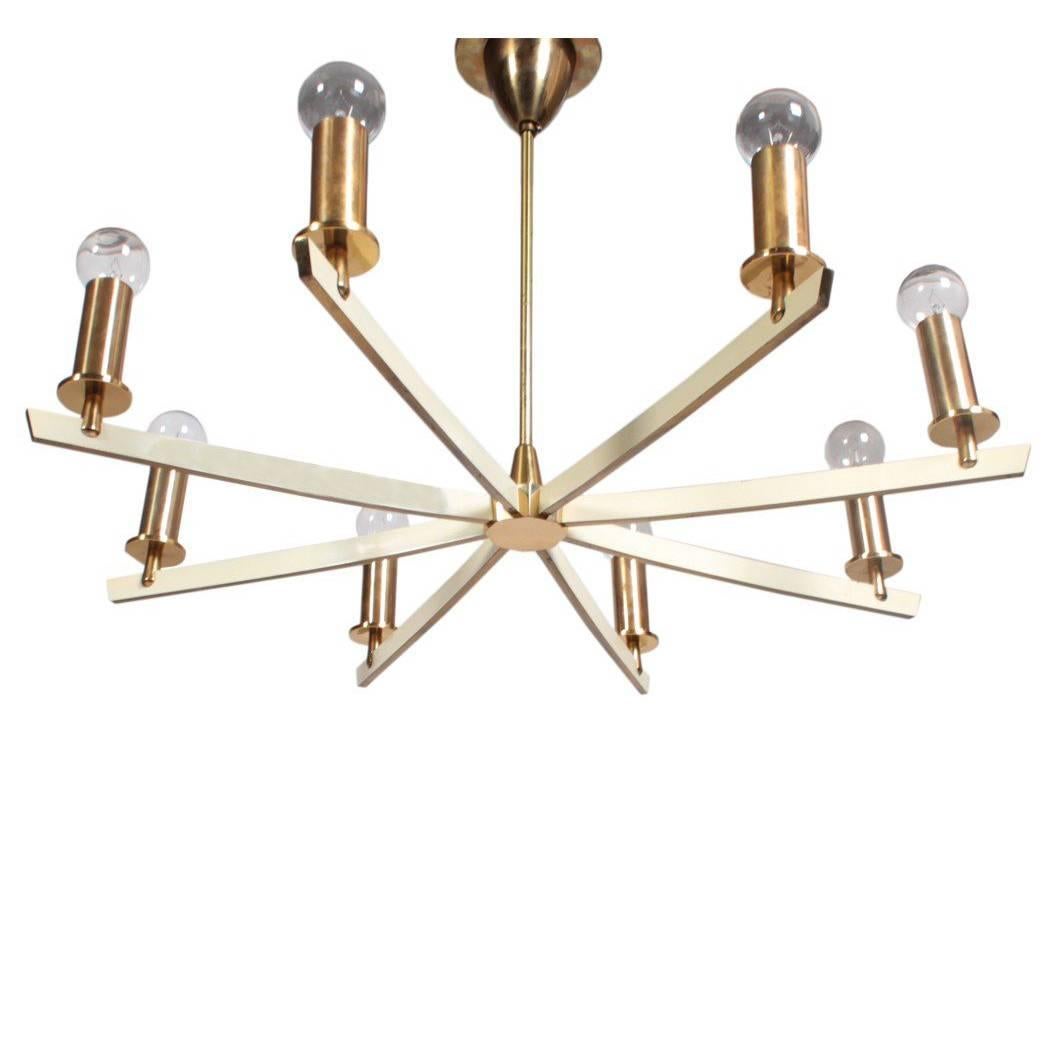 Large Midcentury Eight-Arm Brass and White Chandelier