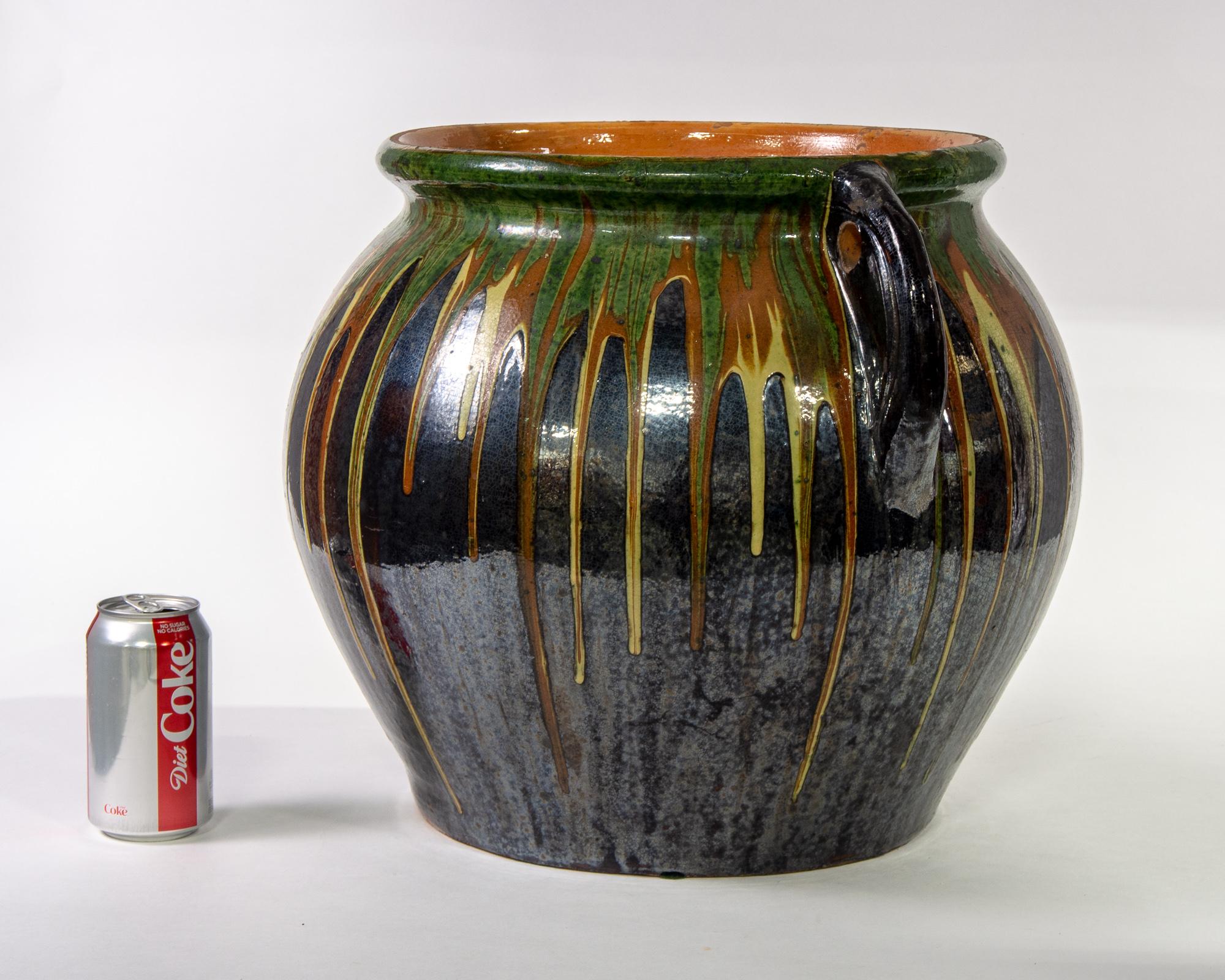 Large Midcentury European Drip Glaze Black Ceramic Garden Pot In Good Condition In Troy, MI