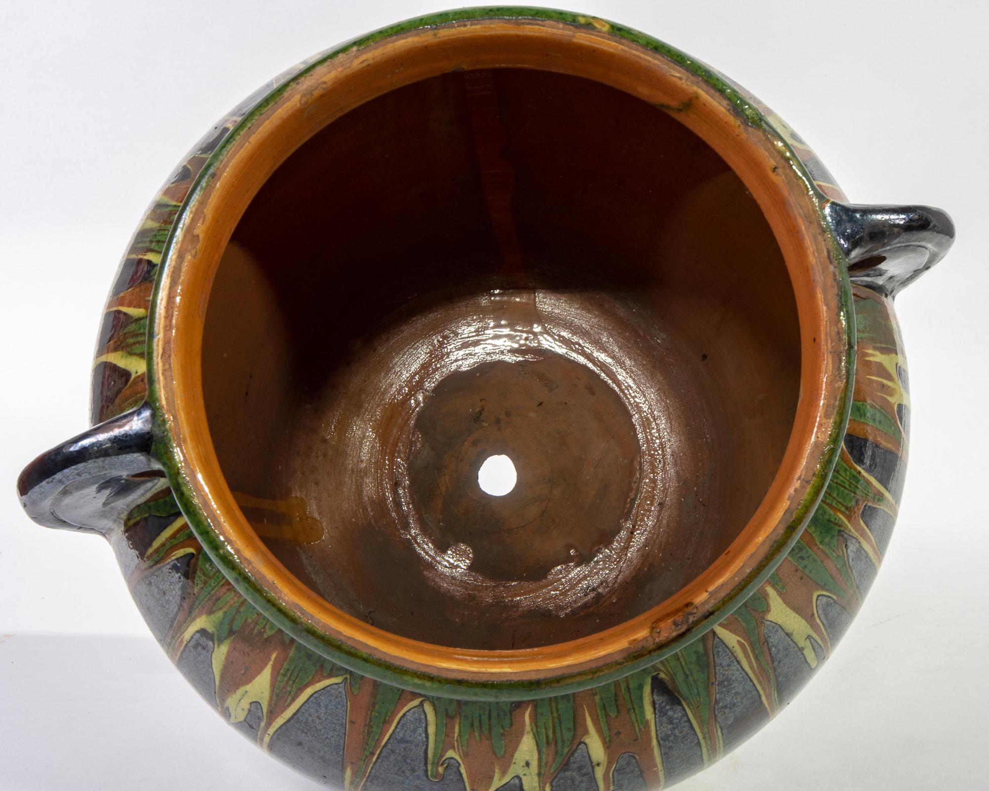 Large Midcentury European Drip Glaze Black Ceramic Garden Pot 1
