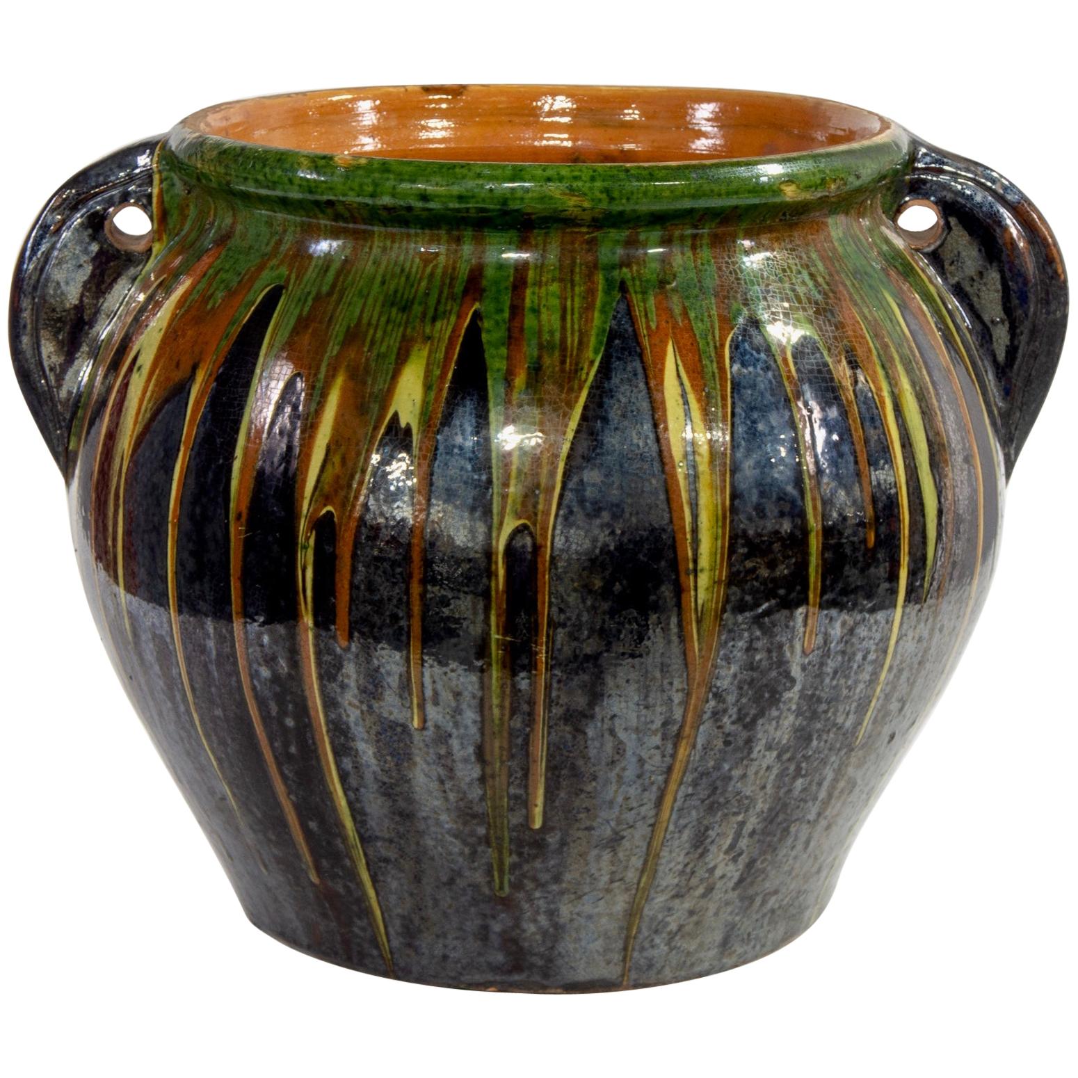 Large Midcentury European Drip Glaze Black Ceramic Garden Pot