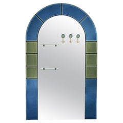 Large Midcentury Floor Standing Mirror With Shelves & Hooks