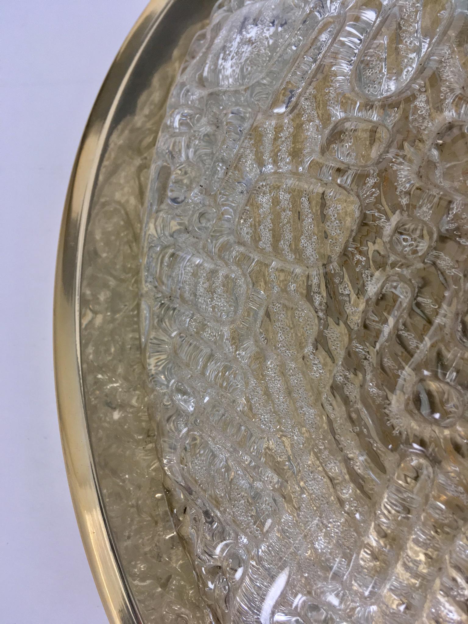 German Large Midcentury Flush Mount in Textured Glass by Kaiser Leuchten