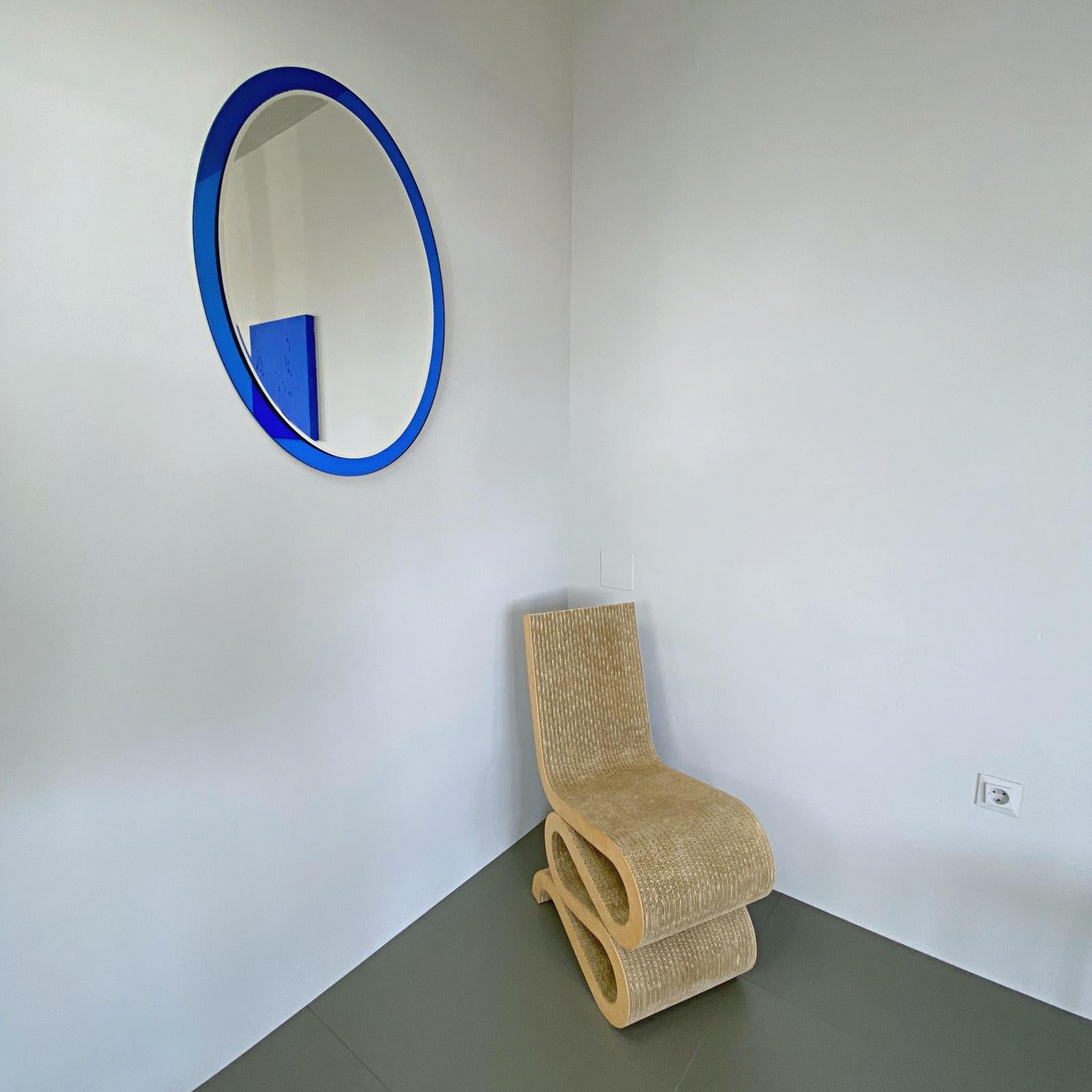 Mid-20th Century Large Midcentury Fontana Arte Labeled Blue Edged Oval Wall Mirror, 1960s, Italy