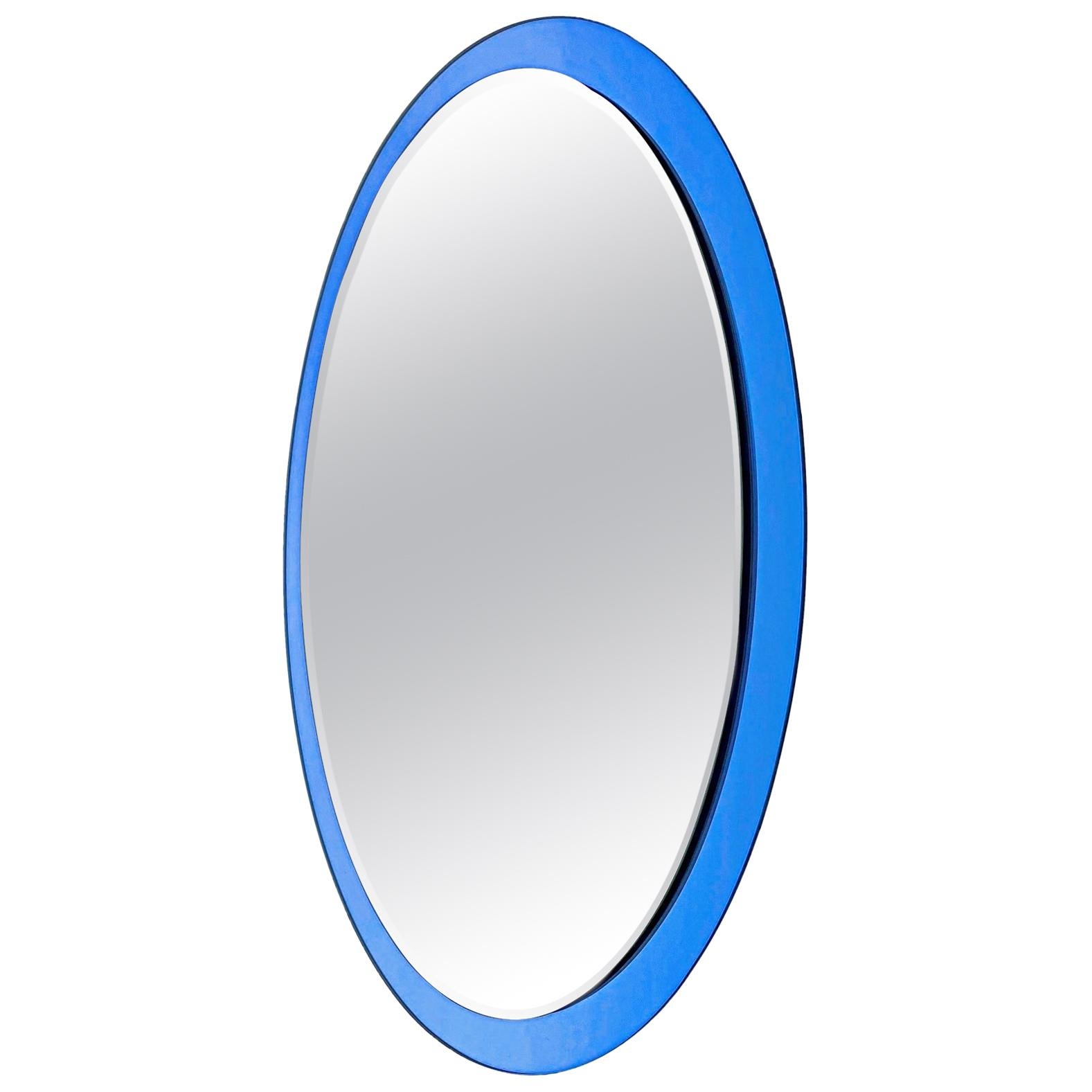 Large Midcentury Fontana Arte Labeled Blue Edged Oval Wall Mirror, 1960s, Italy