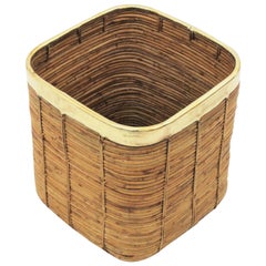 Large Midcentury Gabriella Crespi Style Brass & Rattan Bamboo Planter or Basket