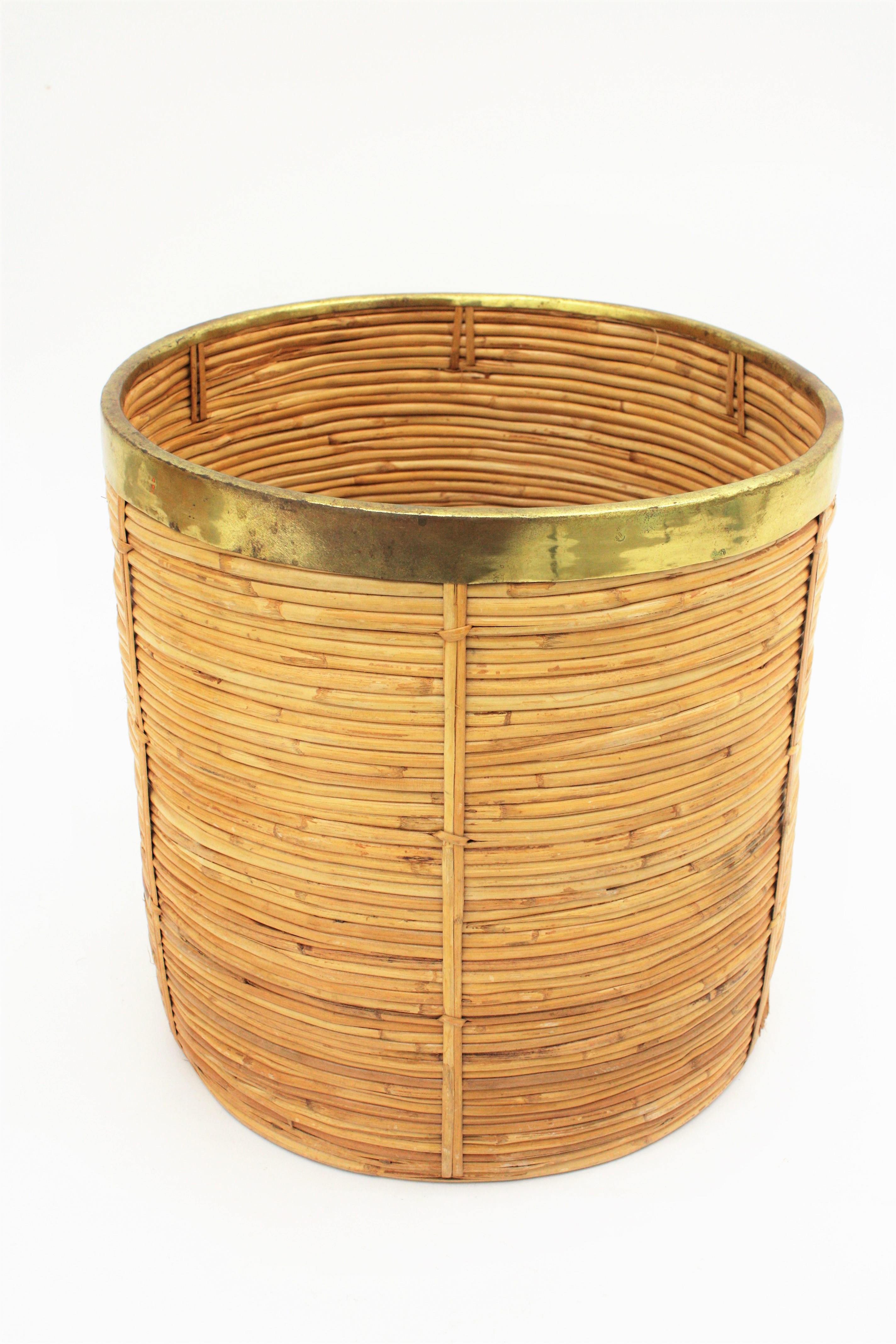 Italian Large Midcentury Gabriella Crespi Style Brass and Rattan Bamboo Round Planter
