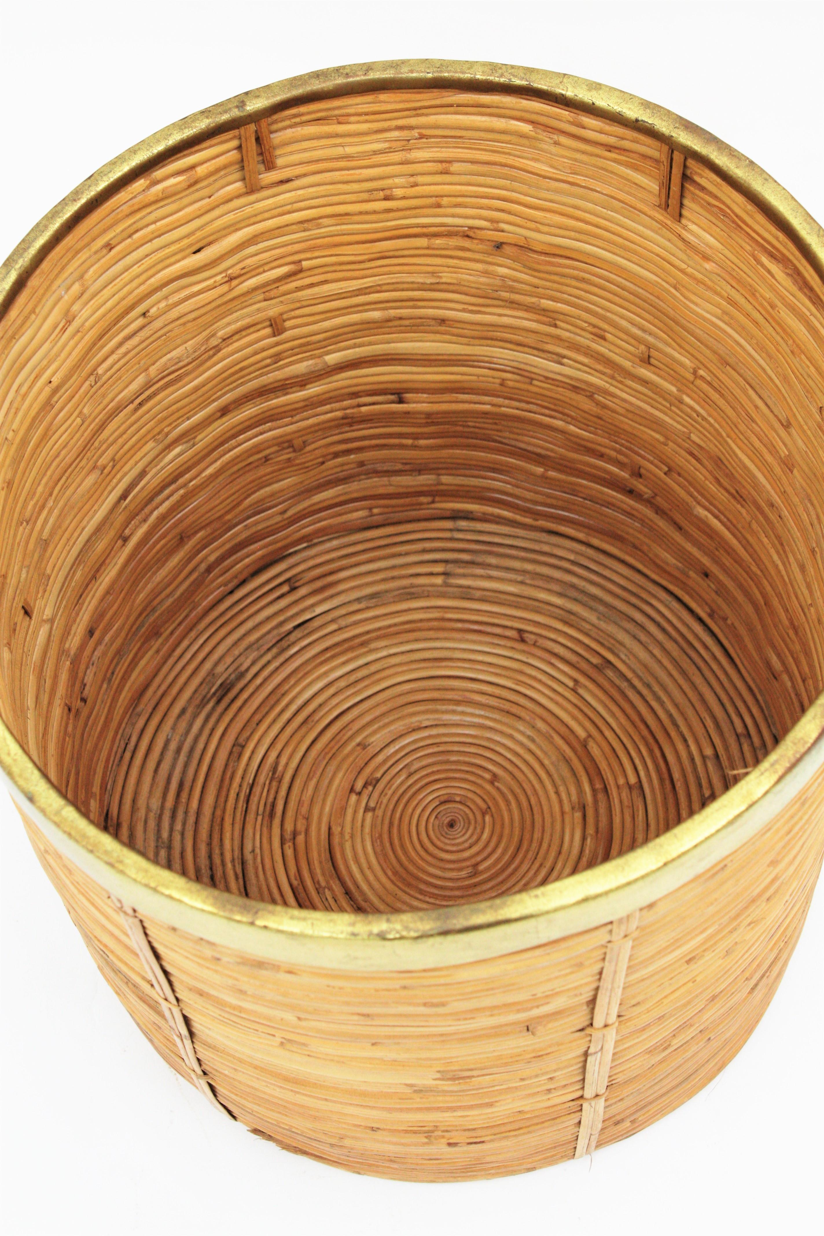 20th Century Large Midcentury Gabriella Crespi Style Brass and Rattan Bamboo Round Planter