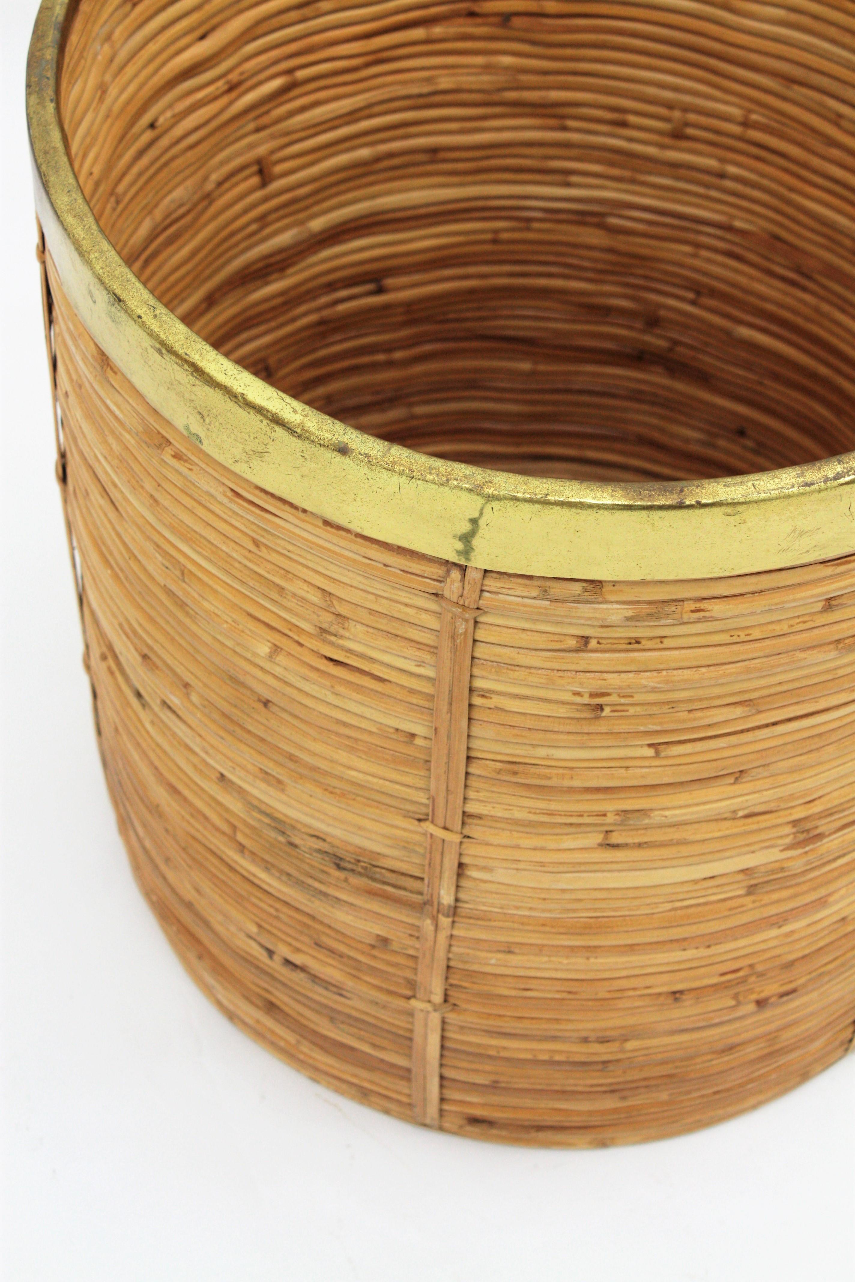 Large Midcentury Gabriella Crespi Style Brass and Rattan Bamboo Round Planter 1