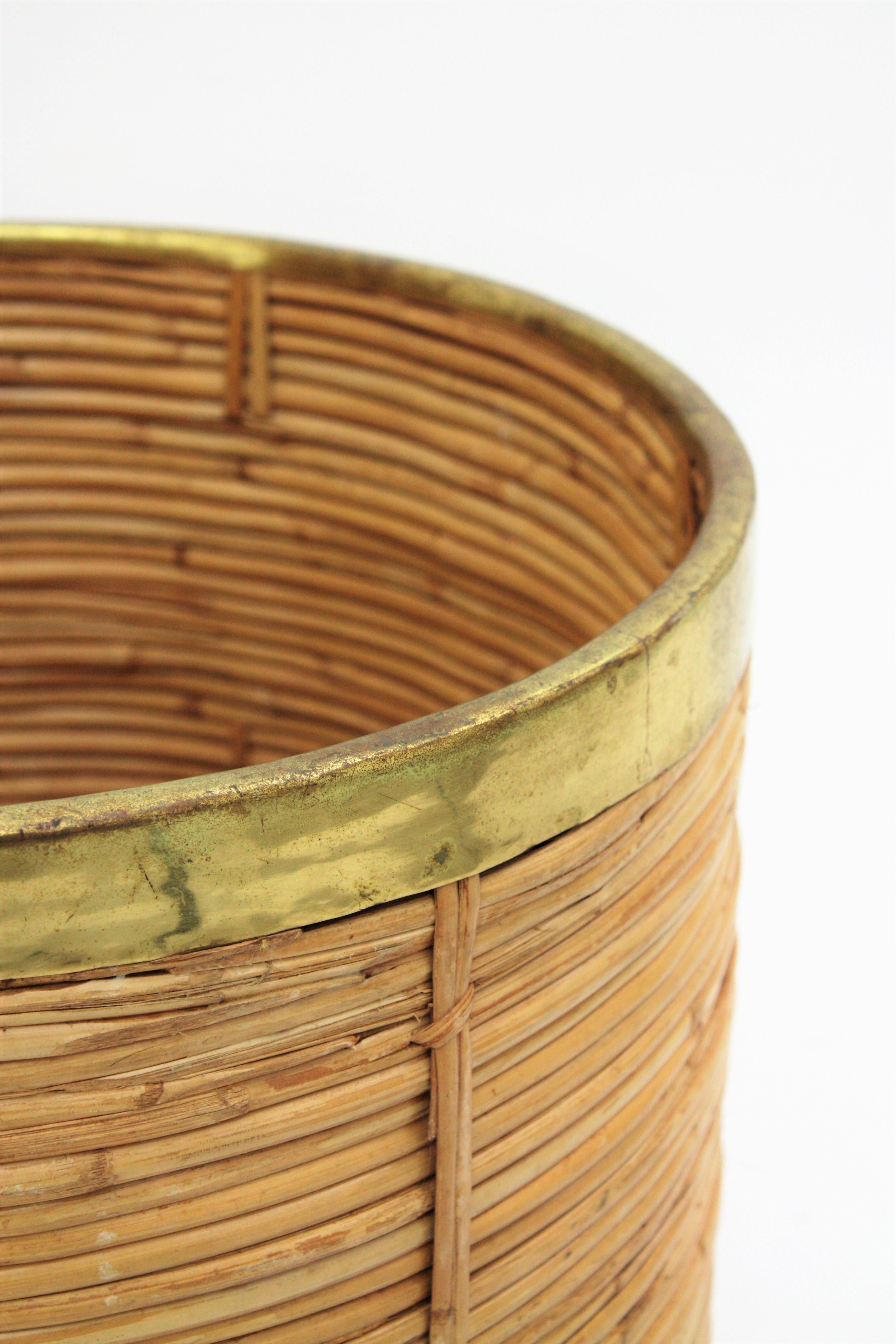 Large Midcentury Gabriella Crespi Style Brass and Rattan Bamboo Round Planter 2