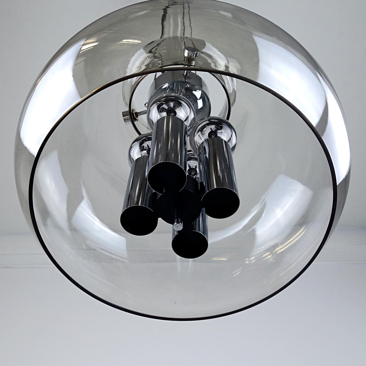 German Large Midcentury Glass Ball Pendant with Chrome Hardware by Glasshütte Limburg For Sale