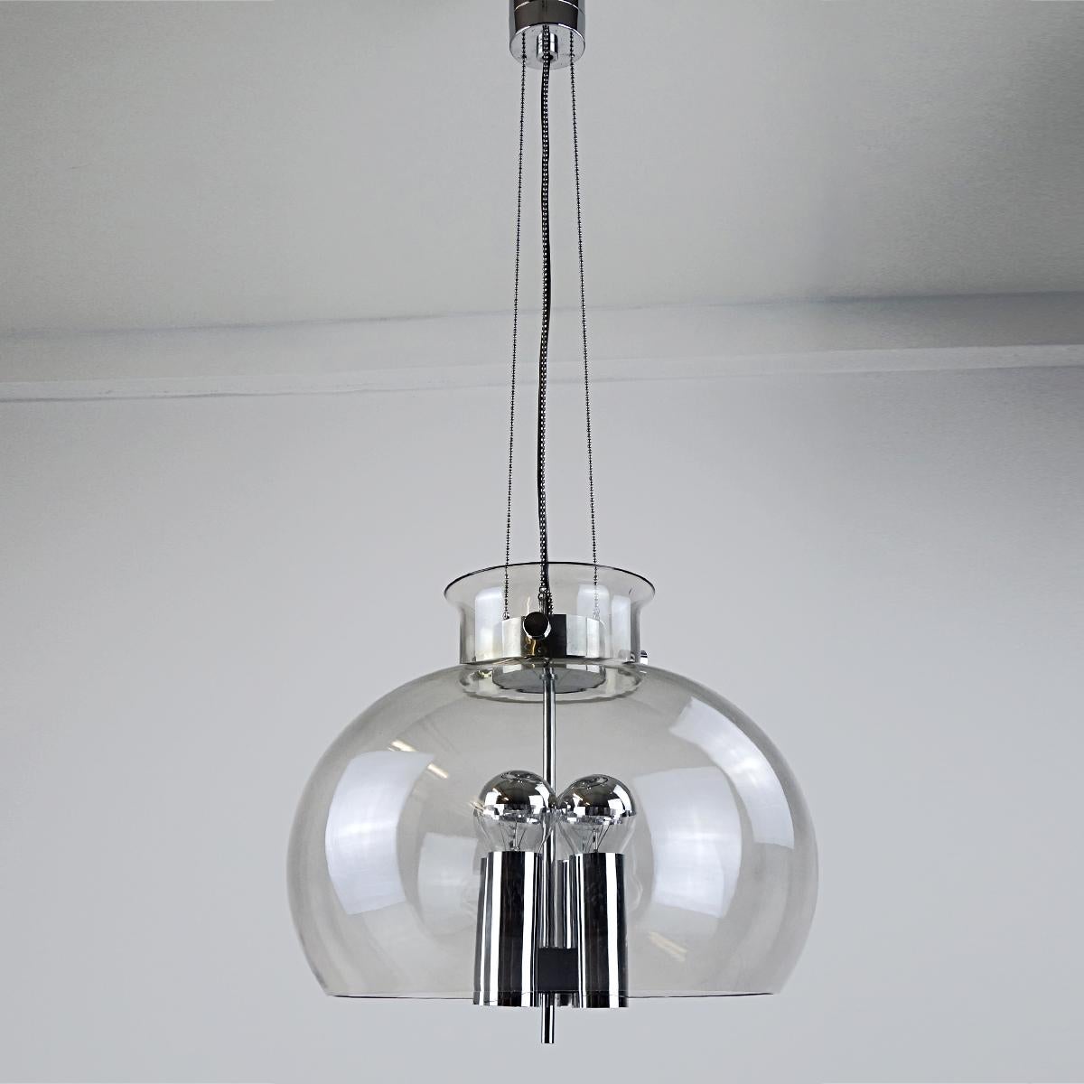 Large Midcentury Glass Ball Pendant with Chrome Hardware by Glasshütte Limburg In Good Condition For Sale In Doornspijk, NL